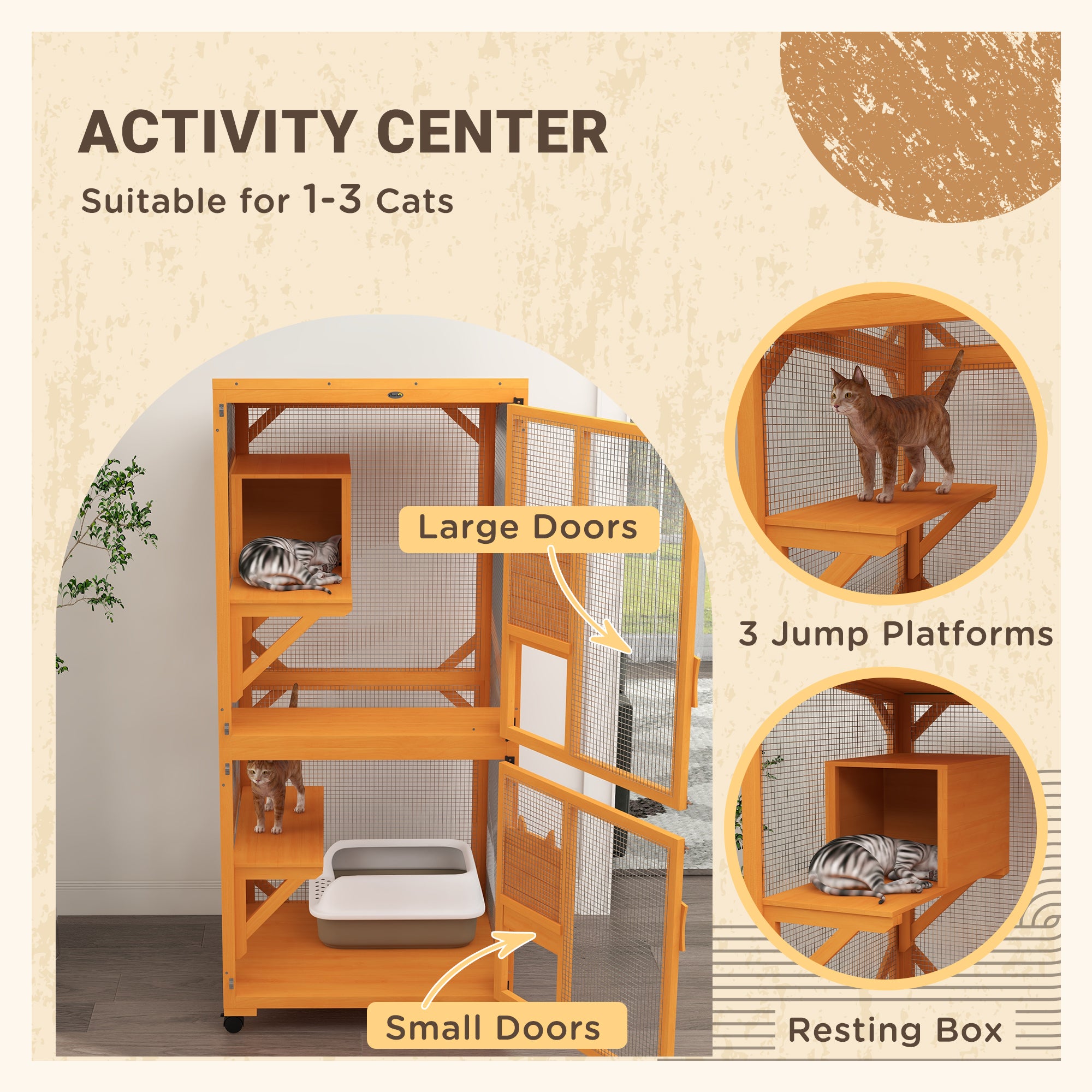 Large Cat House for 1-3 Cats on Wheels Wooden Catio Enclosure Orange - Orange - Image 4