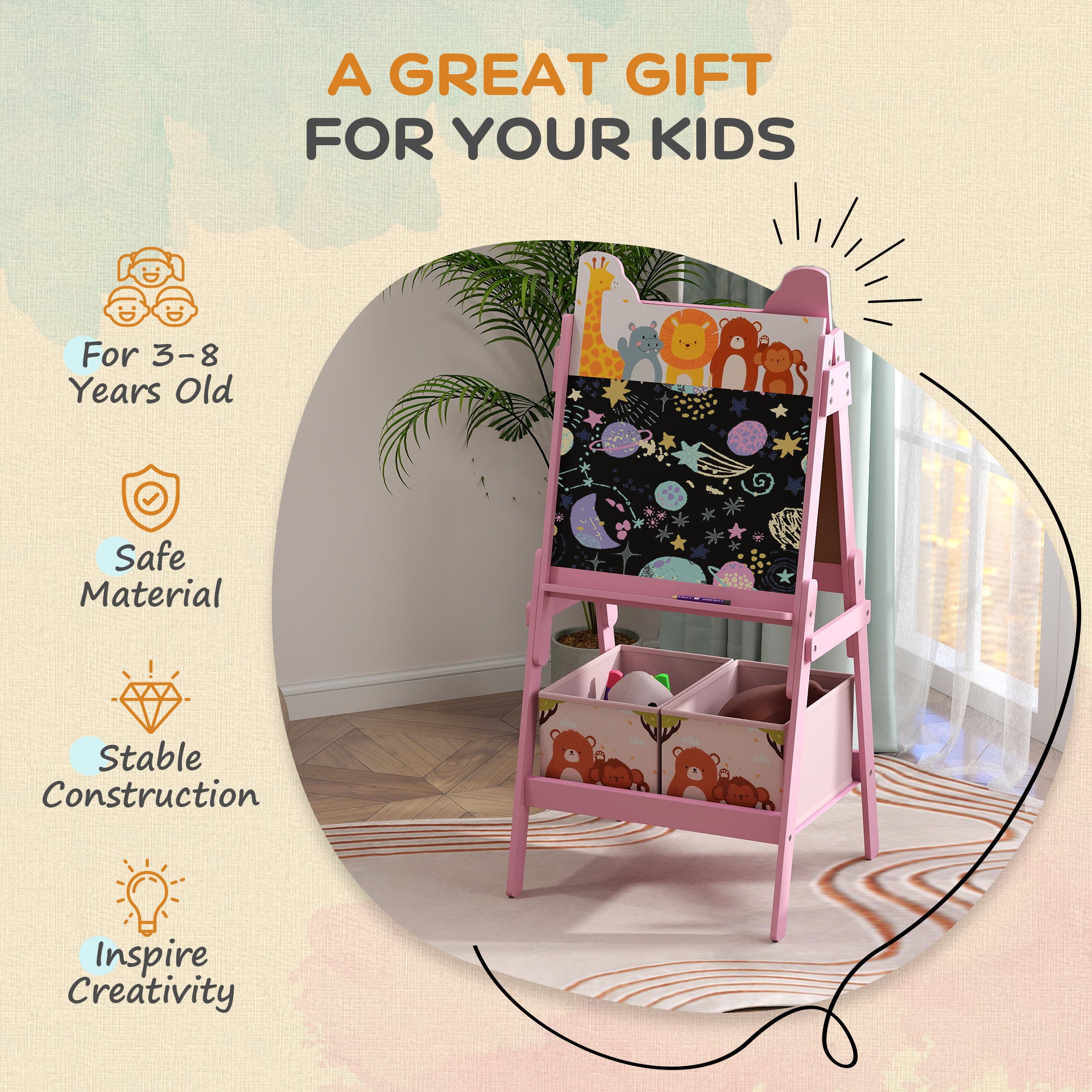 Doubel-Sided Easel for Kids w/ Whiteboard, Chalkboard, Storage Boxes, Blue