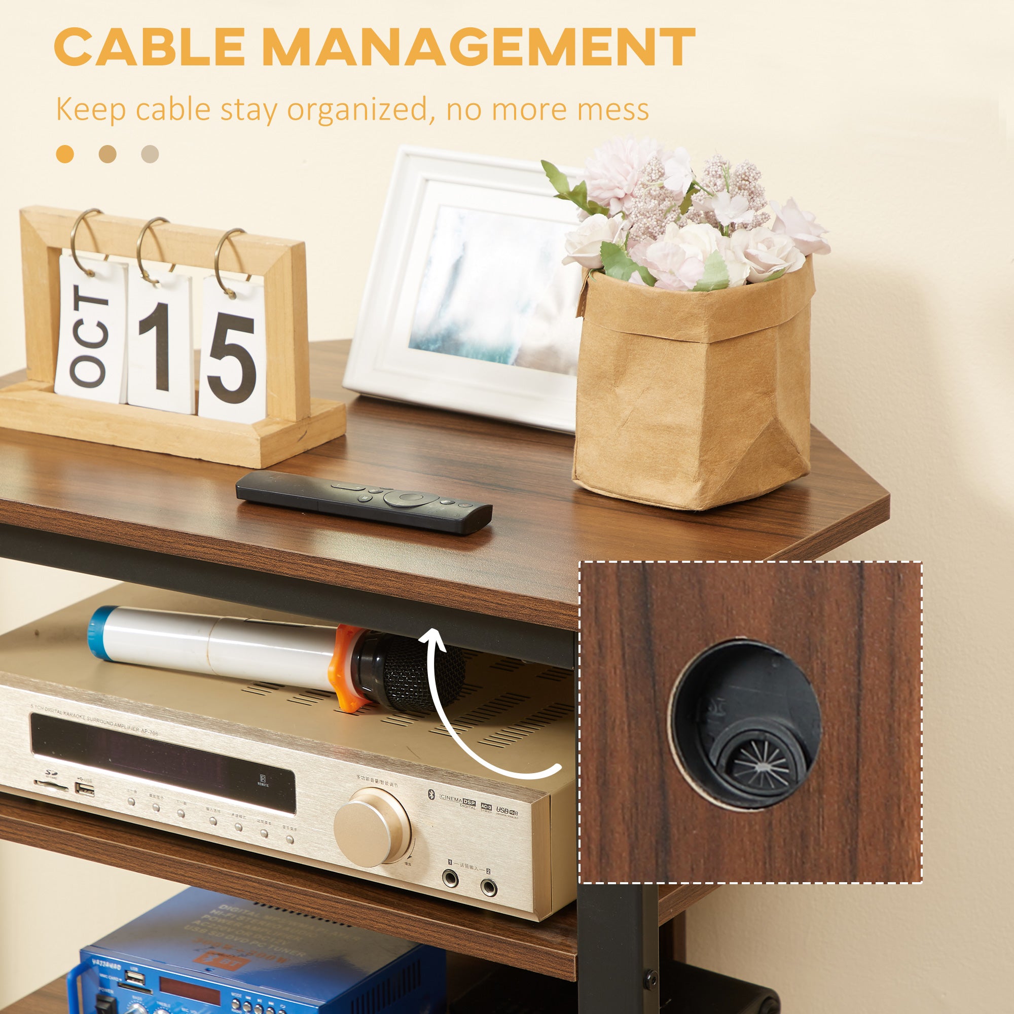 Media Stand with 4-Tier Audio Rack AV Media Corner Shelf with Cable Management for DVD Players Game Console TV Box Cable Box Xbox WiFi Router, Brown