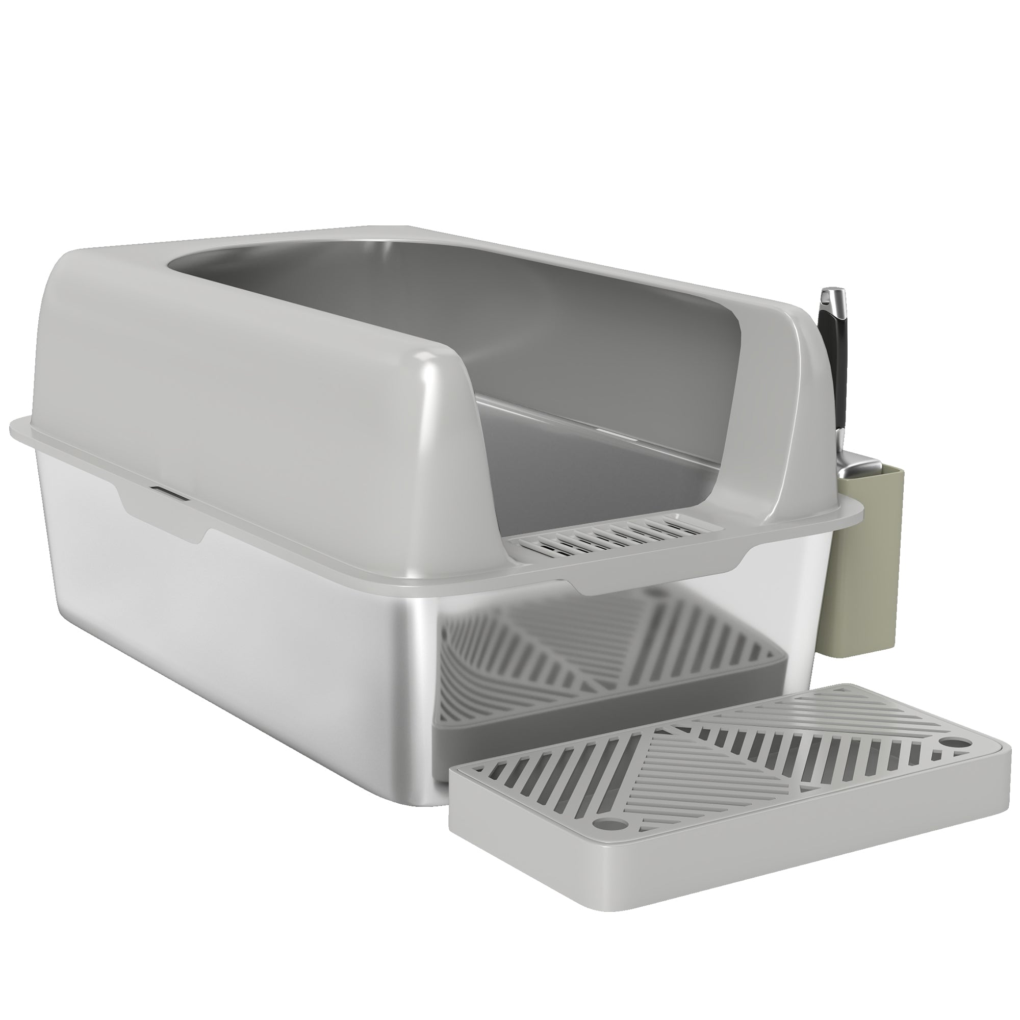 High Sided Stainless Steel Litter Box with Metal Scoop & Scoop Holder, for Easy Clean& Anti-Urine Leakage, Light Gray - Light Gray