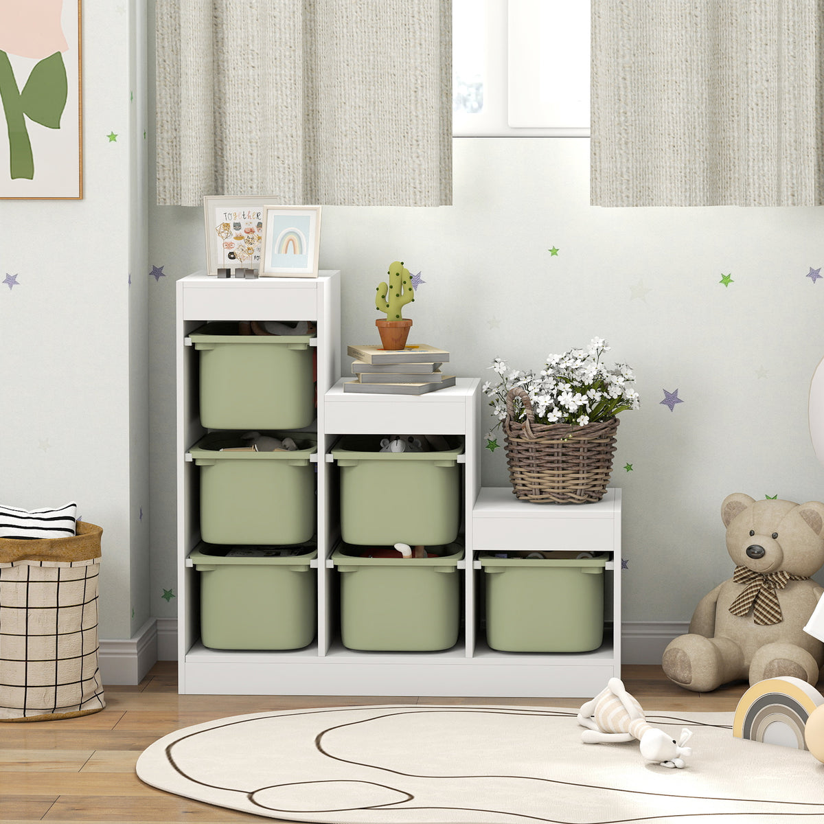 3 Layers Kids Toy Storage Organizer with 6 Storage Bins, Kids Bookshelf for Ages 3-8 Years, Play Room, Bedroom, Green
