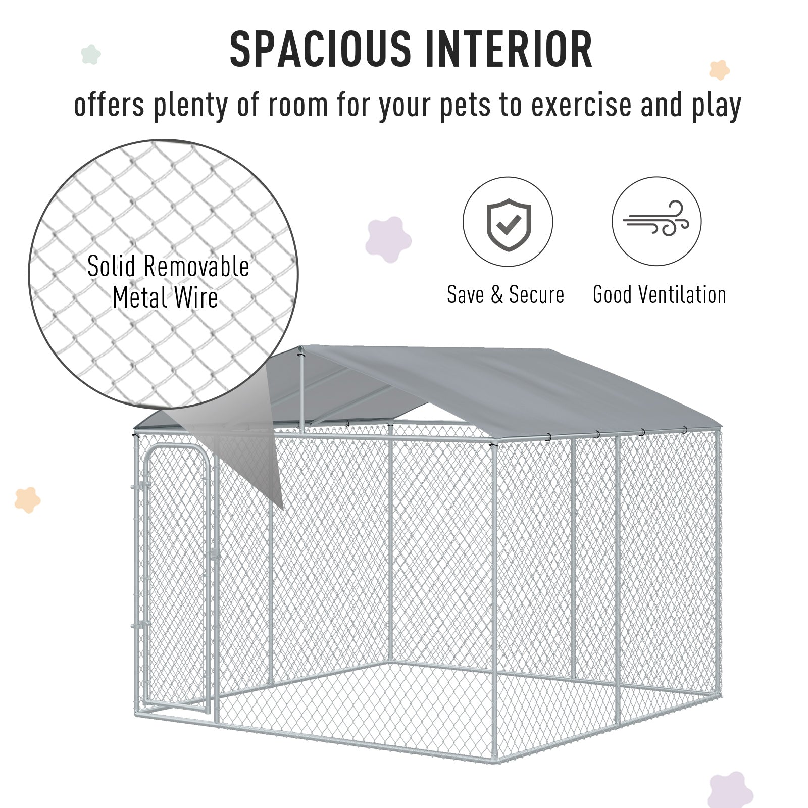 Outdoor Dog Kennel Galvanized Steel Fence with Cover Secure Lock Mesh Sidewalls for Backyard 9.8' x 9.8' x 7.7' - Silver - Image 4