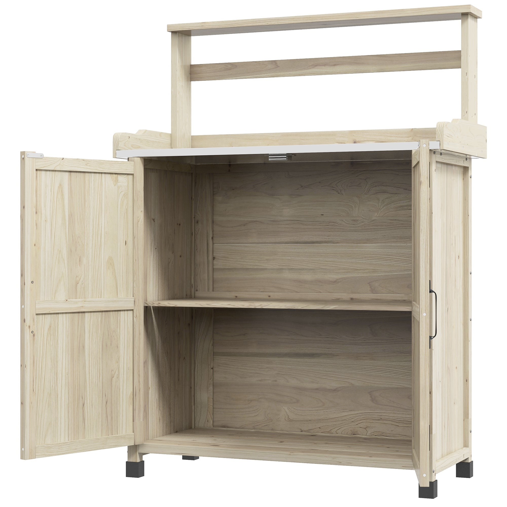 Outdoor Wooden Potting Bench with Storage Cabinet, Shelves, Galvanized Plated Tabletop for Backyard, Balcony, Natural - Natural Wood