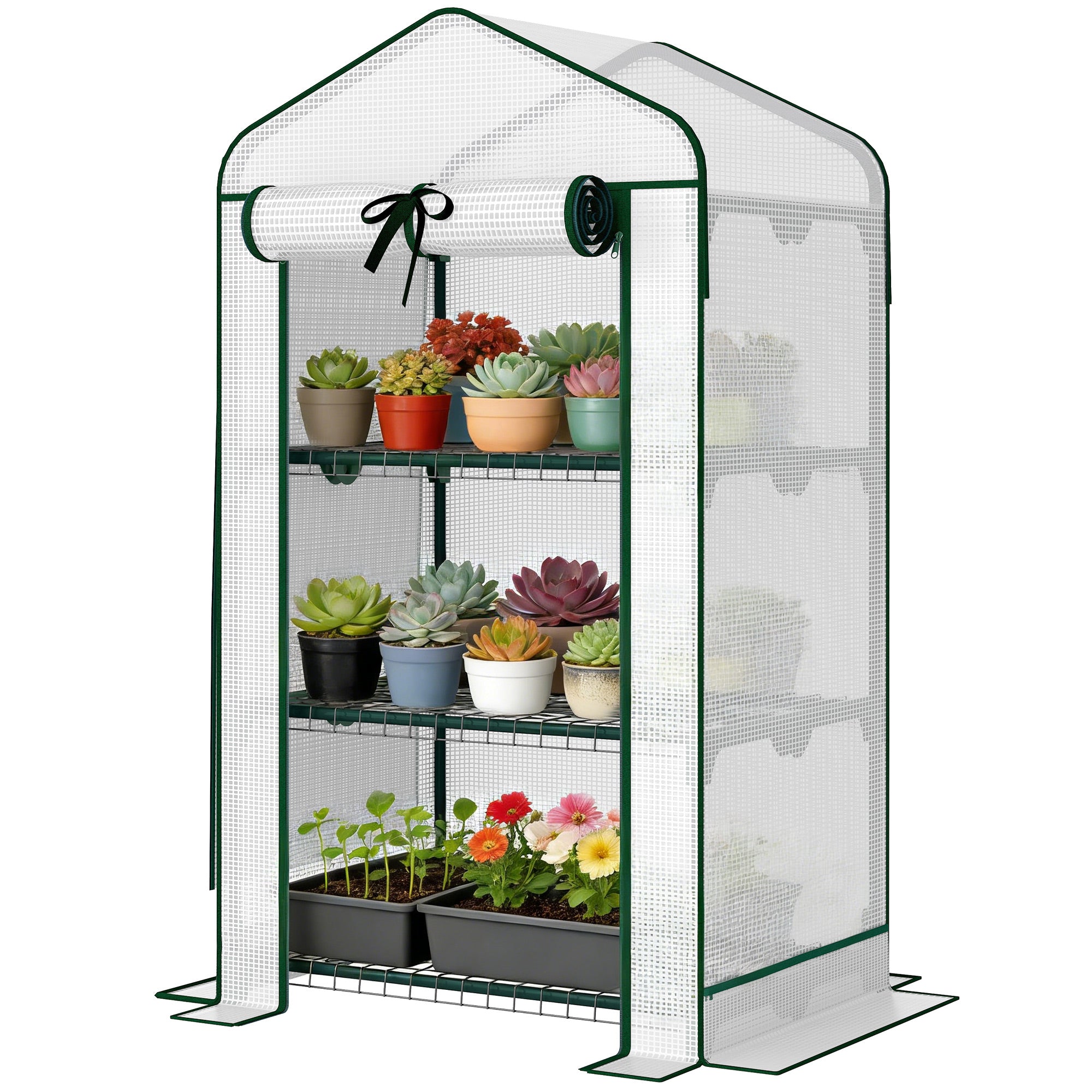 Mini Greenhouse with Screen Roof, Portable Small Greenhouse with Roll-Up Zipper Door, 27.6" x 19.7" x 50", White - White
