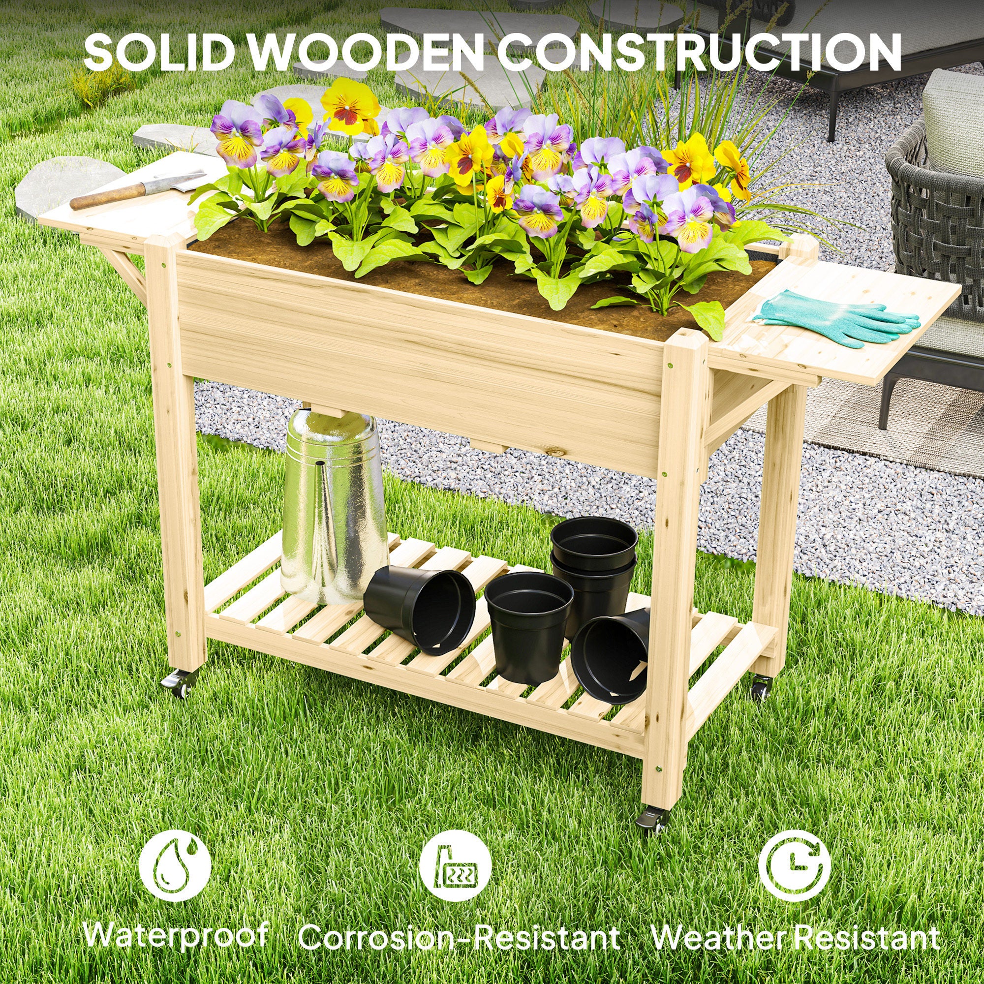 Wood Raised Planter Box, Elevated Garden Bed with Lockable Wheels, Side Tables, Bottom Shelf, Drain Holes, Natural - Natural Wood - Image 8
