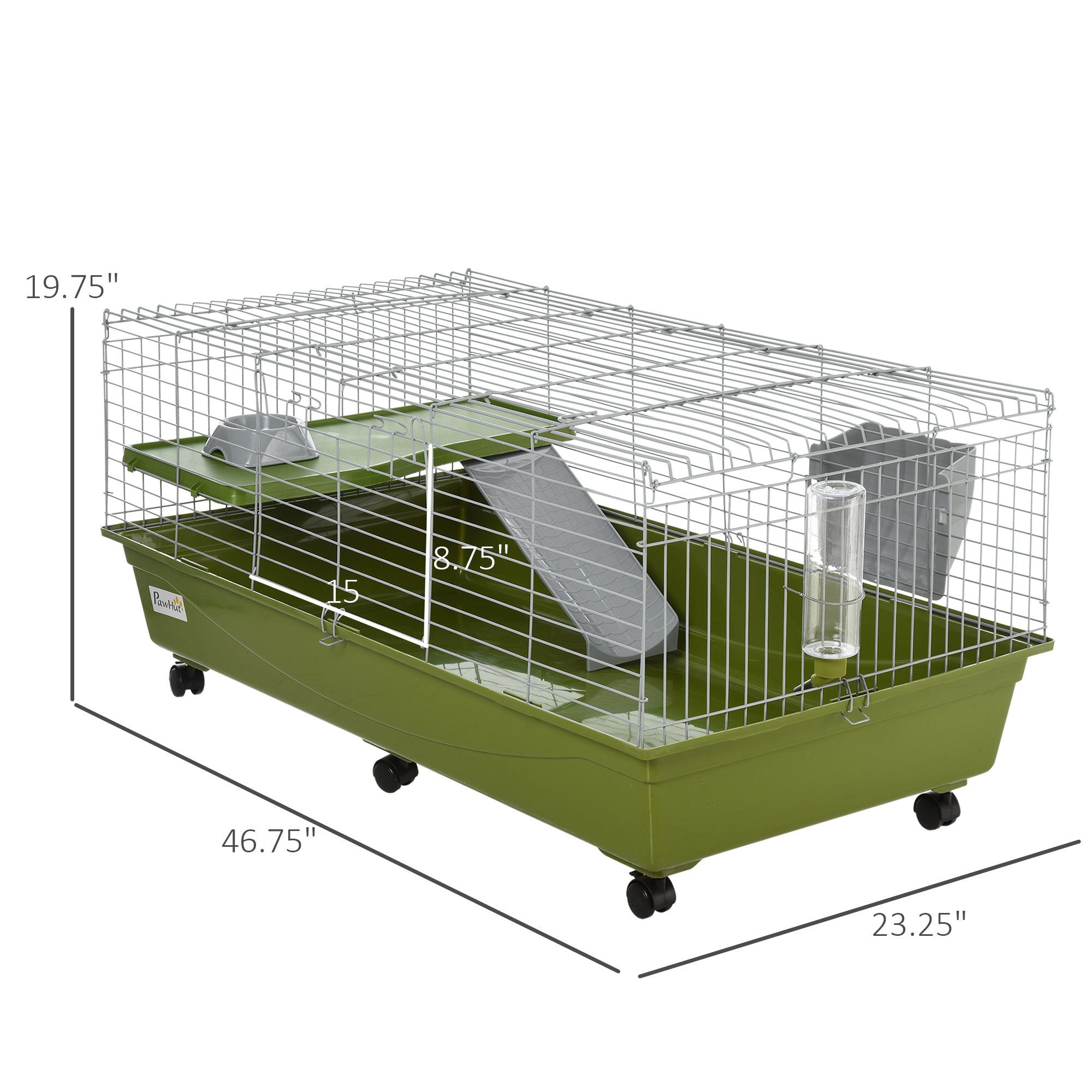 47" Small Animal Cage Chinchilla Guinea Pig Hutch Pet House with Platform Ramp, Food Dish, Wheels, & Water Bottle - Green - Image 3