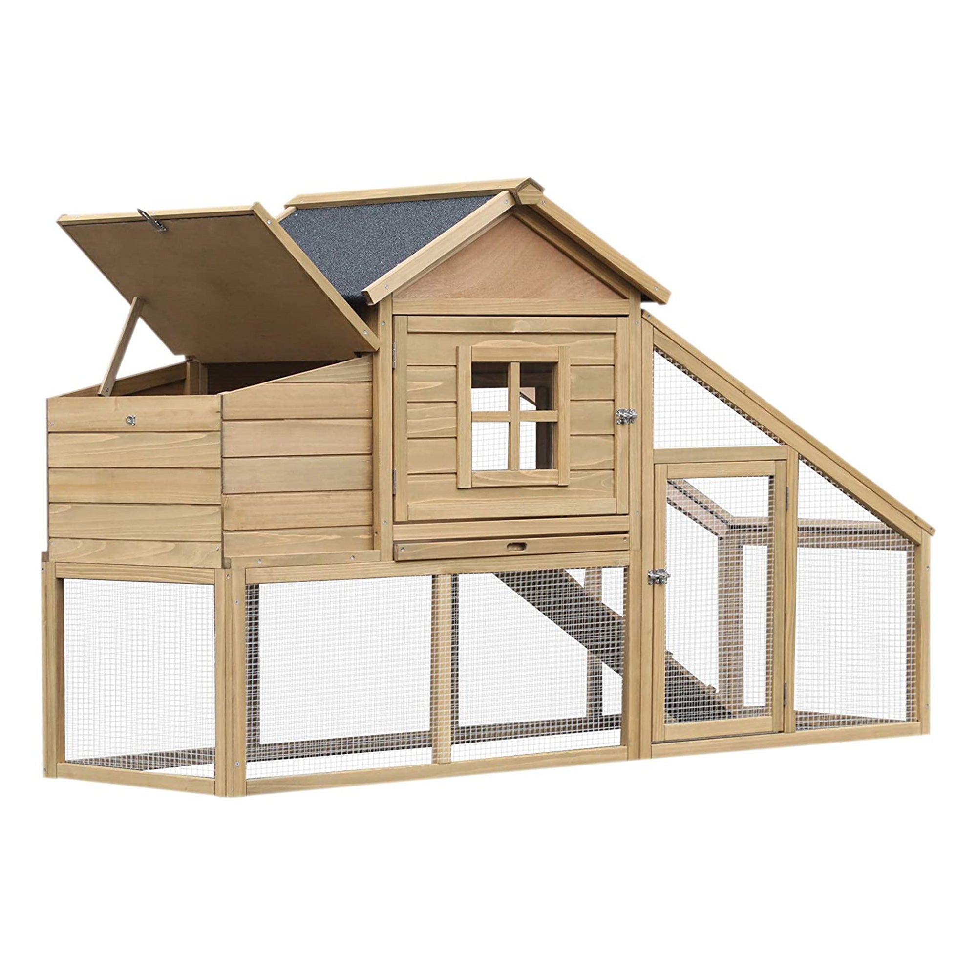 69" Wooden Chicken Coop, Poultry Cage Hen House with Connecting Ramp, Removable Tray, Ventilated Window and Nesting Box, Natural - Natural Wood