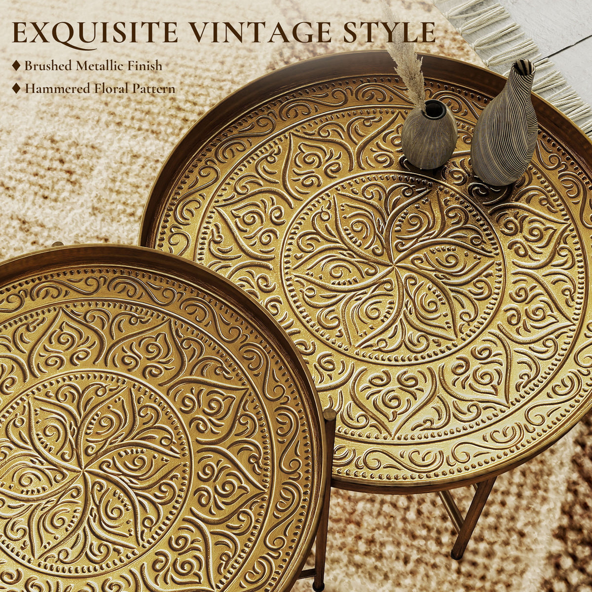 Coffee Table Set for Living Room, Round Center Table Set with Hammered Tray Top and Metal Frame for Bedroom, Gold