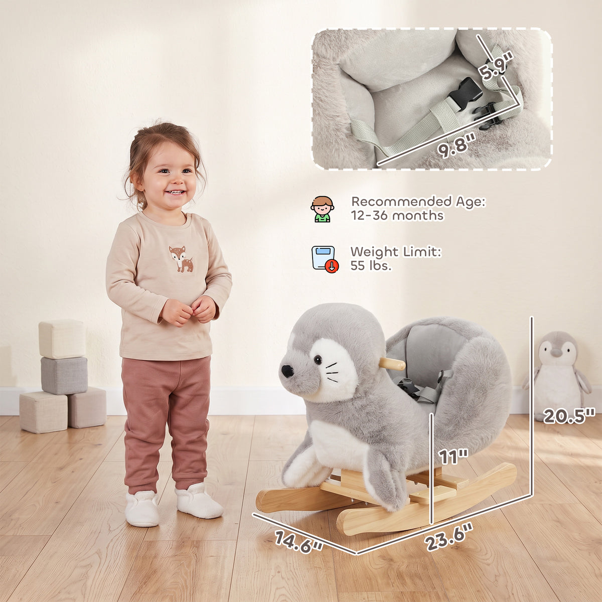 Seal Baby Rocking Horse, Kids Plush Ride-On Toy with Realistic Sounds and Safety Belt for Babies Ages 12-36 Months