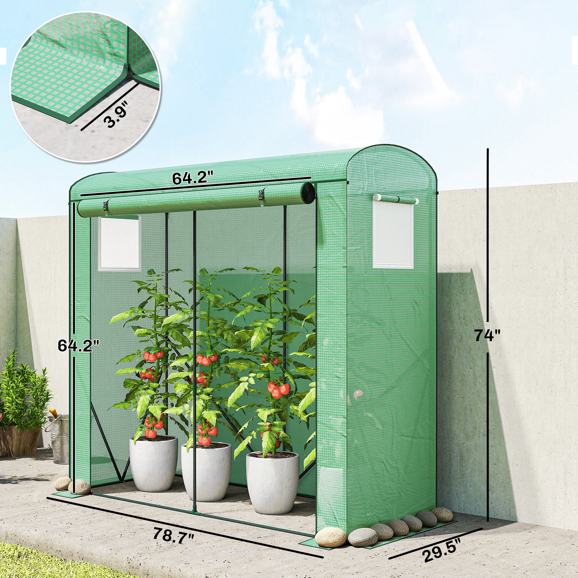 Mini Greenhouse, Portable Greenhouse with Roll-Up Door and 2 Mesh Windows, PE Cover, 78.7" x 29.5" x 74", Green - Green - Image 3
