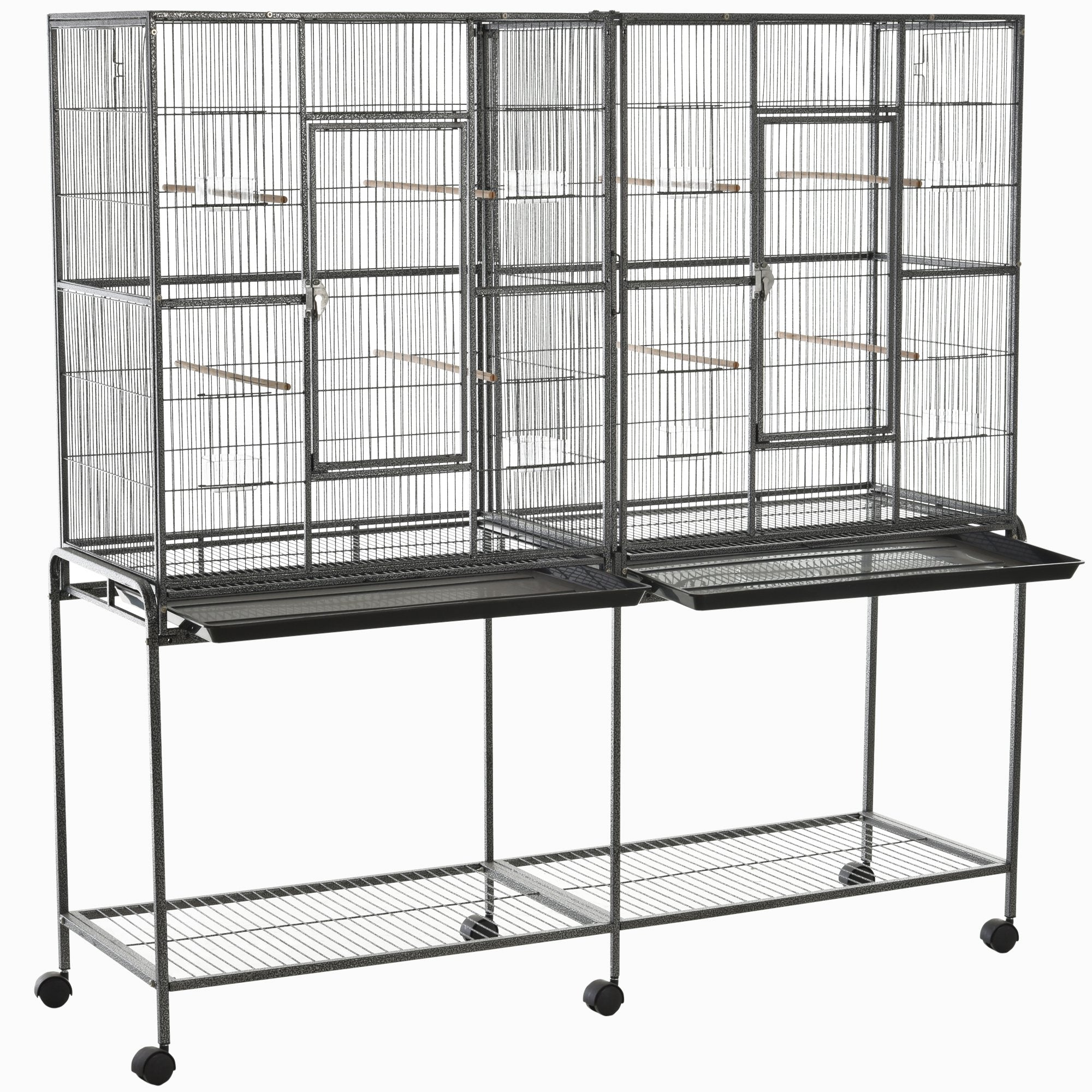 Rolling 65"L Bird Cage w/ Storage Shelf Wood Perch Food Container - Black, Gray