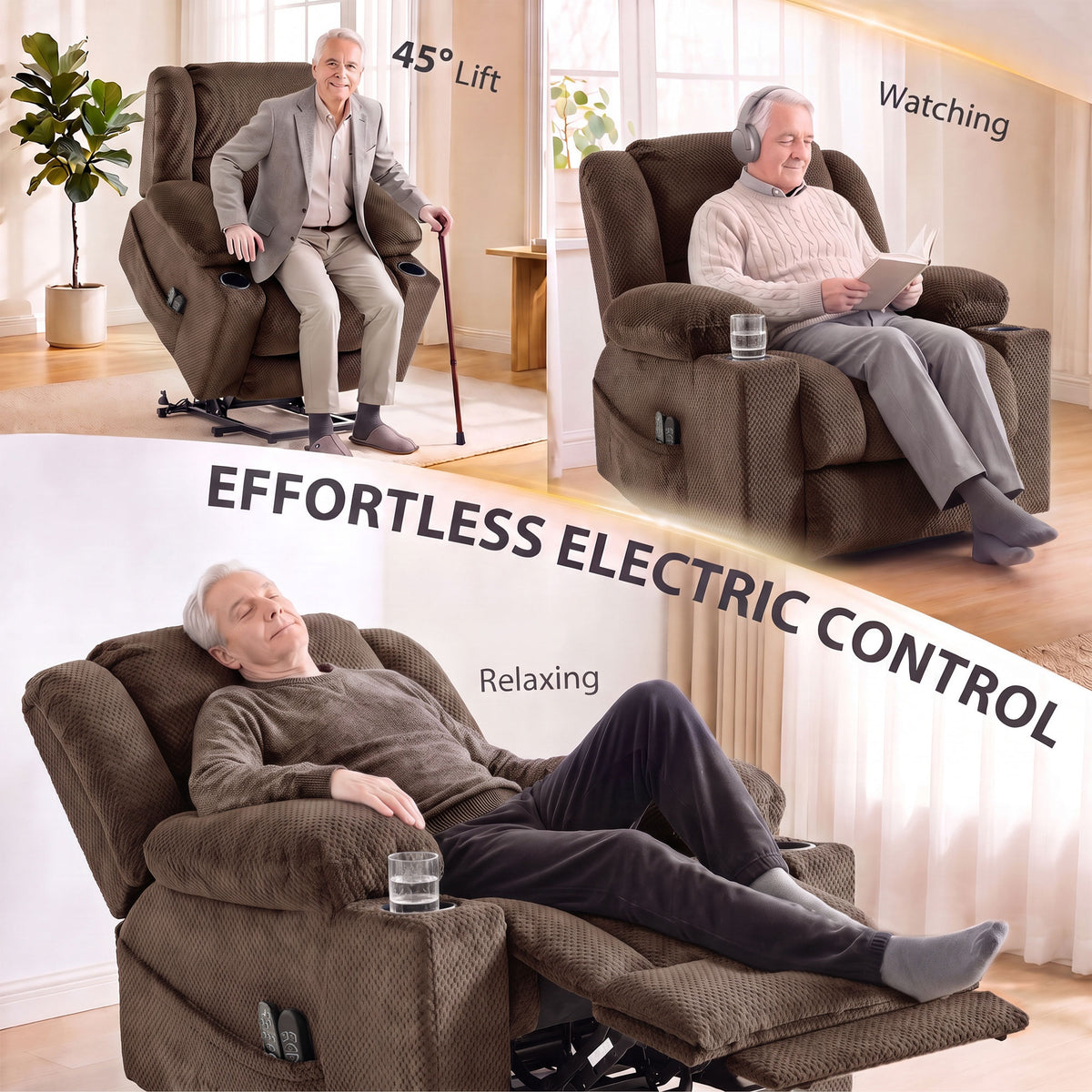 Dual Motor Power Lift Recliner Chair with Massage and Heat for Elderly, 180° Flat Recline, Wide Seat, Dark Brown