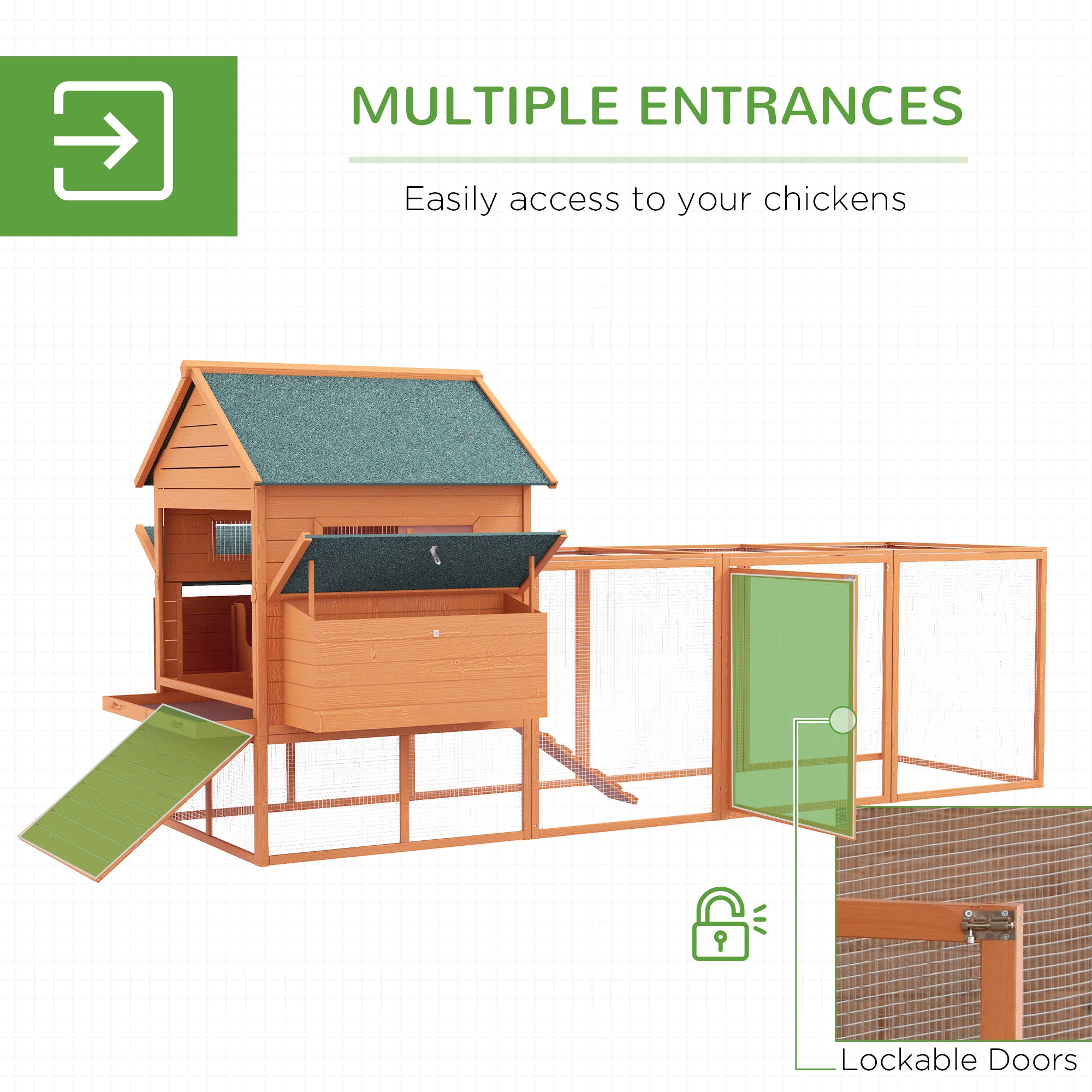 137" Chicken Coop for 8-10 Chickens, Large Chicken House, Wooden Poultry Hen Cage with Nesting Box and Run for Backyard, Orange - Orange - Image 5