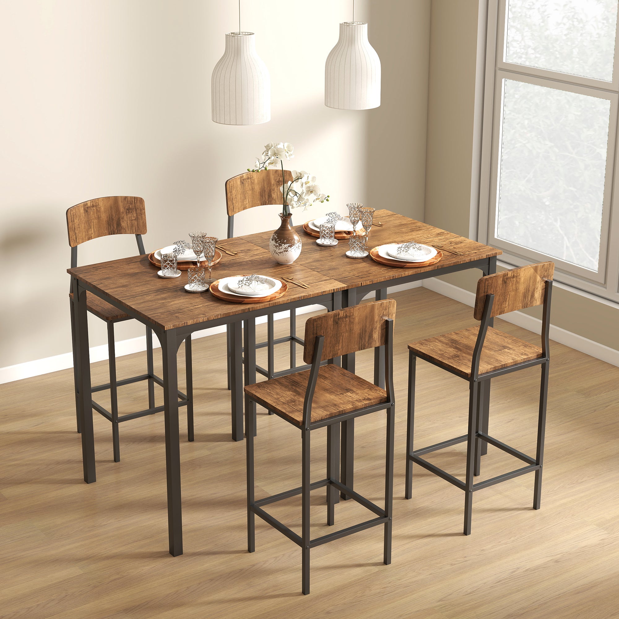 3 Piece Pub Table and Chairs, Small Kitchen Table and Chairs, Square Dining Table with 2 Stools, Walnut and Black