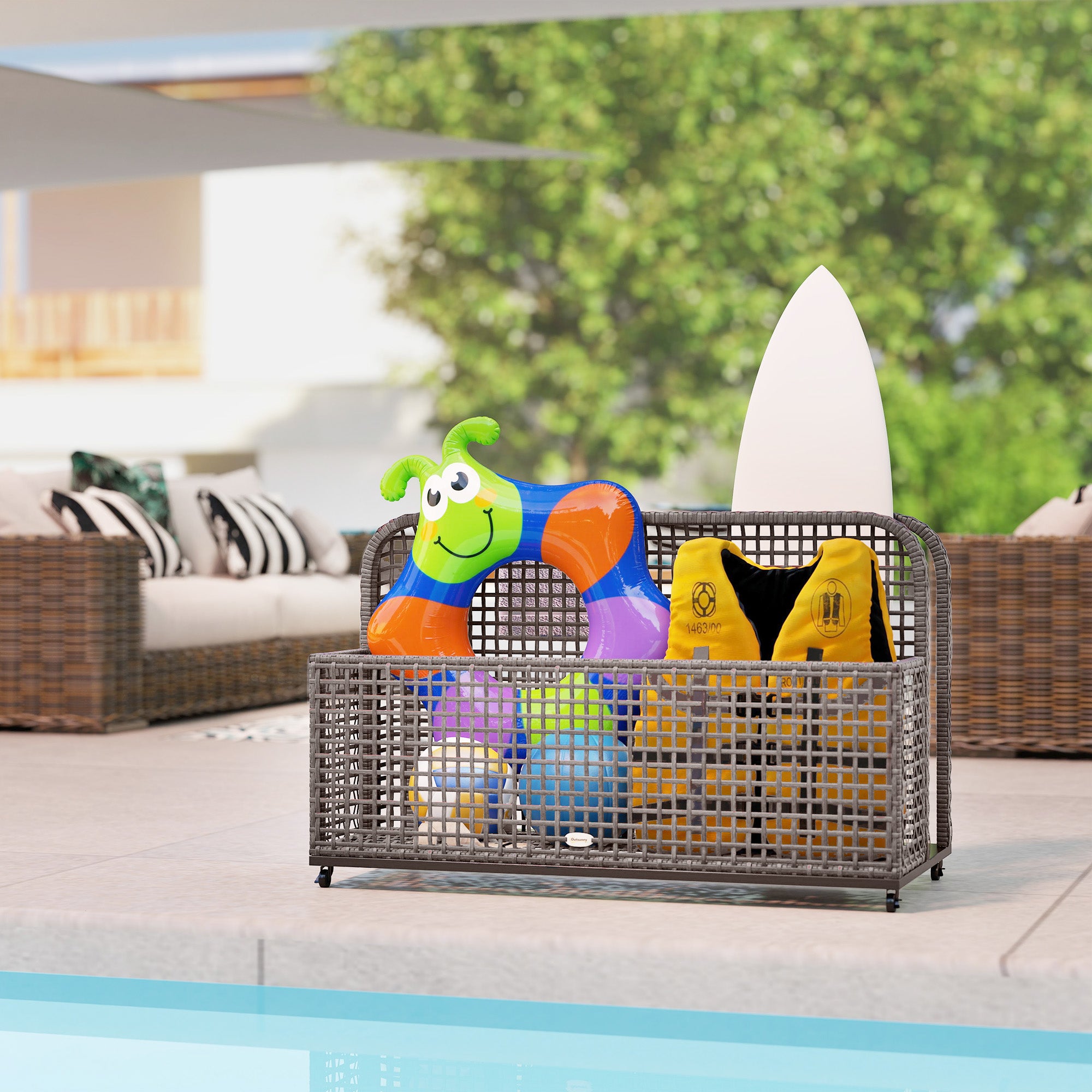Pool Float Storage, Pool Caddy, with Wheels, 43.25" L x 22.5" W x 28" H, Light Gray