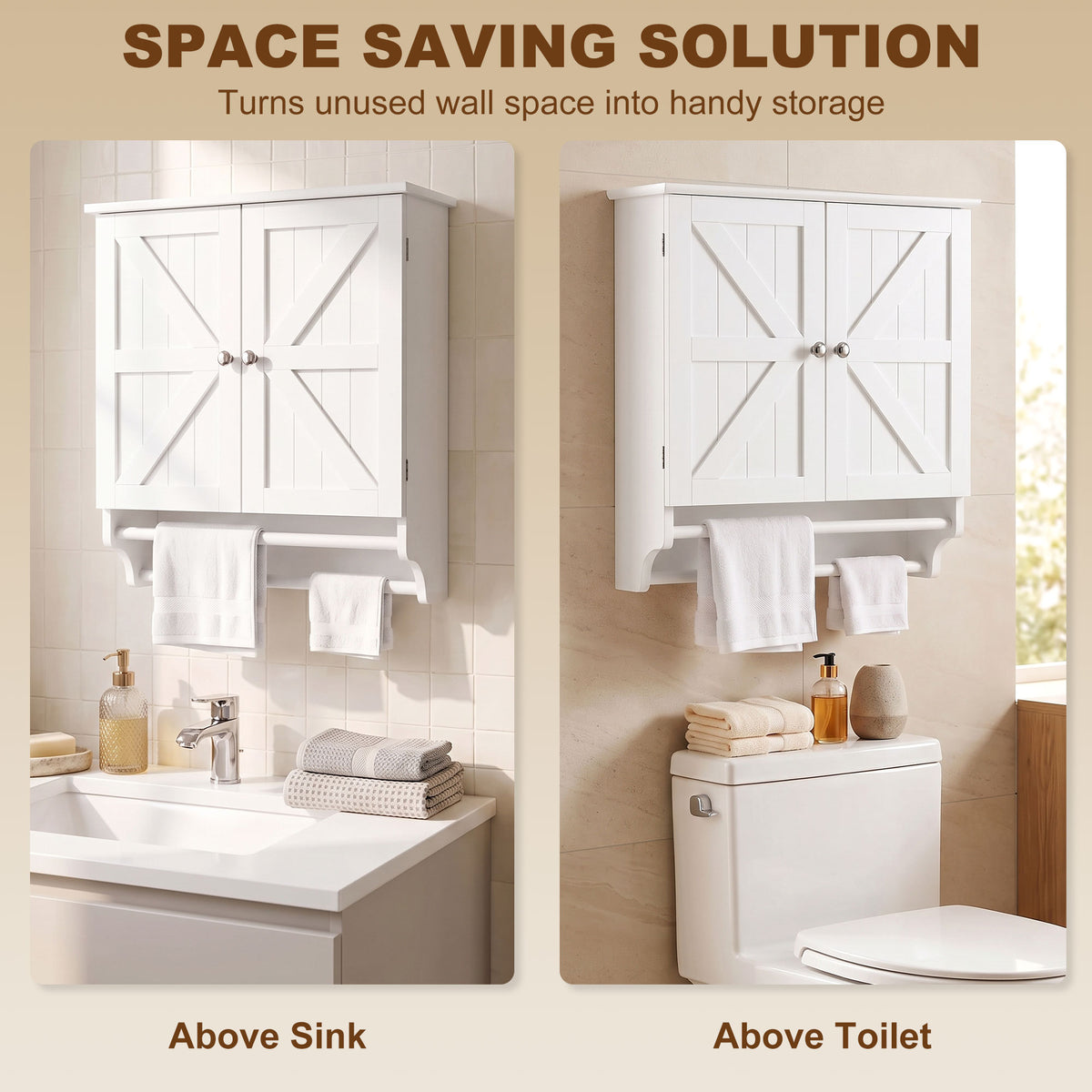 Bathroom Wall Cabinet, Medicine Cabinet with Adjustable Shelf, 2 Doors & Towel Racks, 23.8" x 8.9" x 25.2", White