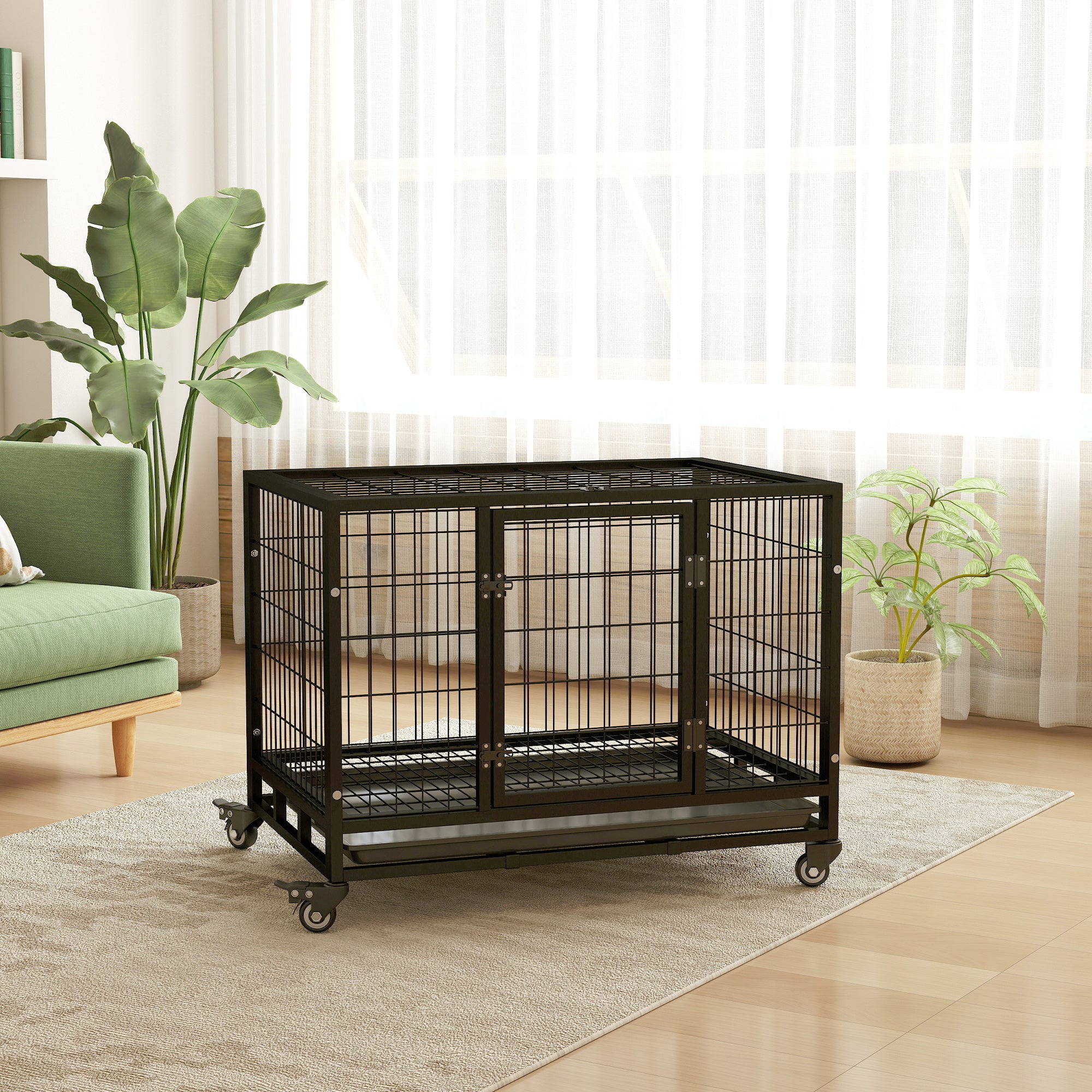 36" Heavy Duty Dog Crate with Removable Tray, Lockable Wheels and Double Door, for Medium and Large Dogs, Black - Black - Image 8