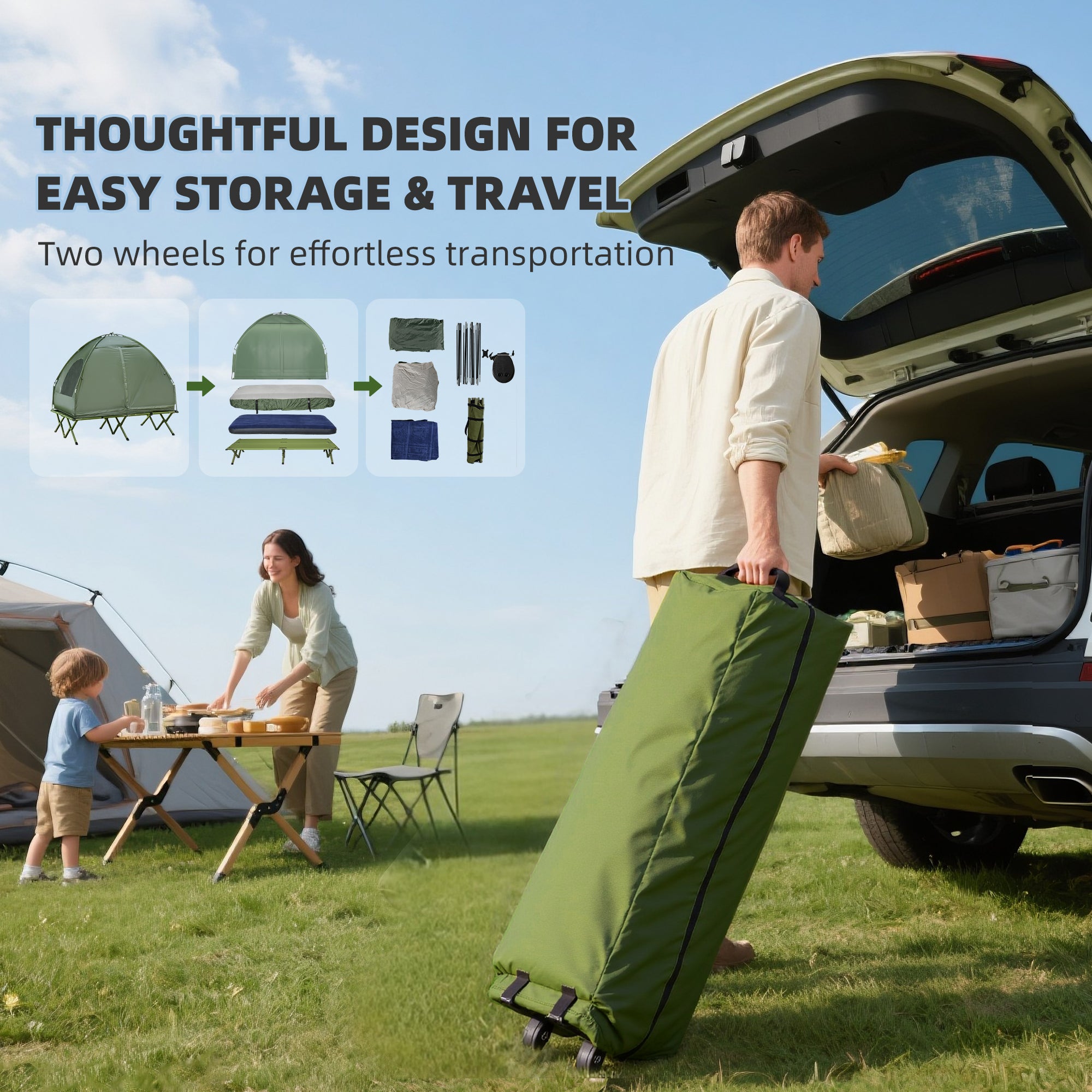2-Person Tent Cot, 4-in-1 Elevated Camping Bed Combo with Air Mattress, Bed Cover, Foot Pump