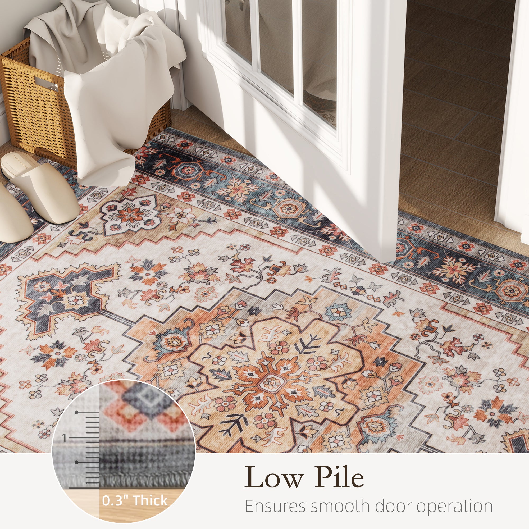 Area Rug 8x10, Machine Washable Rug, Non-Slip Boho Print Pattern Medallion Carpet for Living Room, Bedroom, Tawny Brown