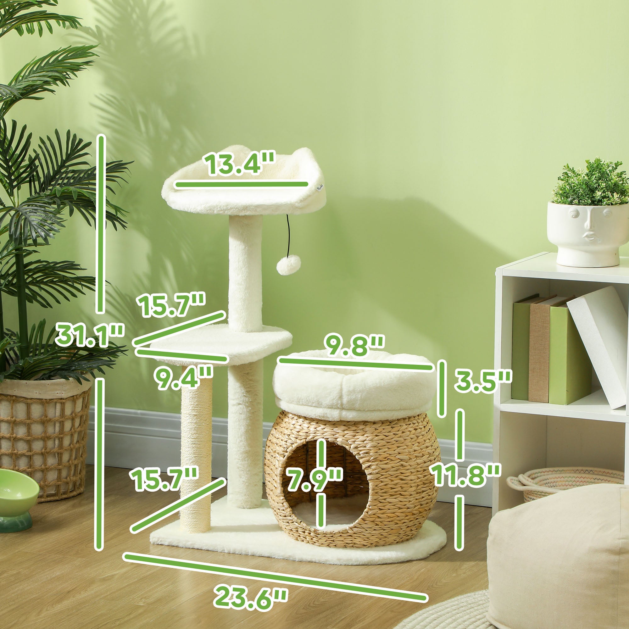 31" Cat Tree Tower with Scratching Posts, Cat Condo, Beds, Platform and Toy Ball for Indoor Cats, Cream White - Cream White - Image 3