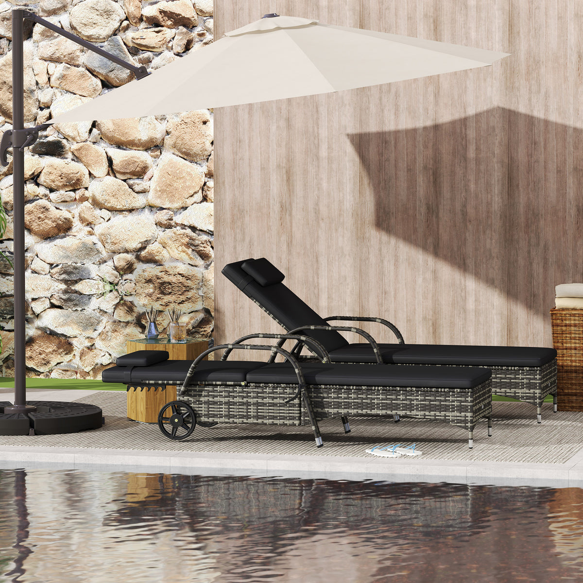 2 Reclining Chaise Lounge Chairs, Rolling Outdoor Chairs with Cushion, Pillow, Headrest, Armrests, and Wheels, Black
