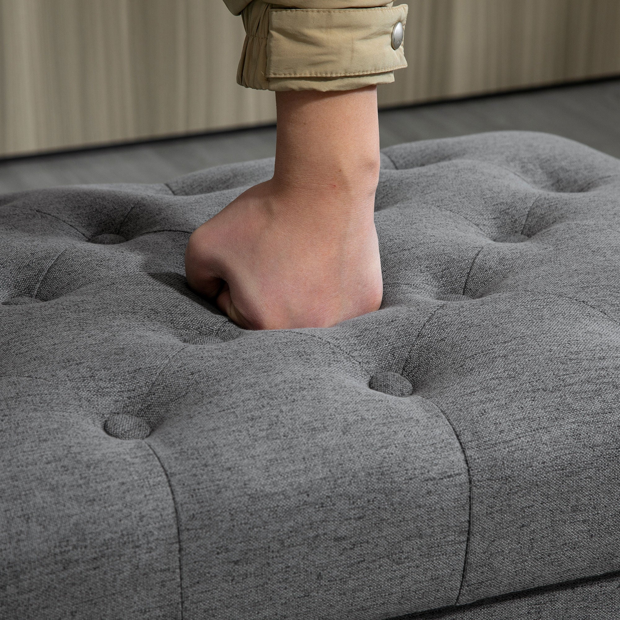 Ottoman with Storage for Living Room, 25" Storage Ottoman with Removable Lid, Button-Tufted Fabric Bench for Footrest and Seat with Wood Legs, Gray