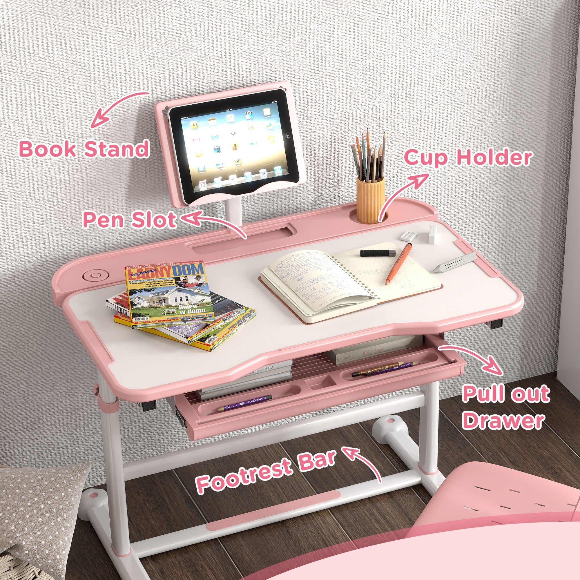 Adjustable Kids Desk and Chair Set with Tilt Desktop & Storage, Pink