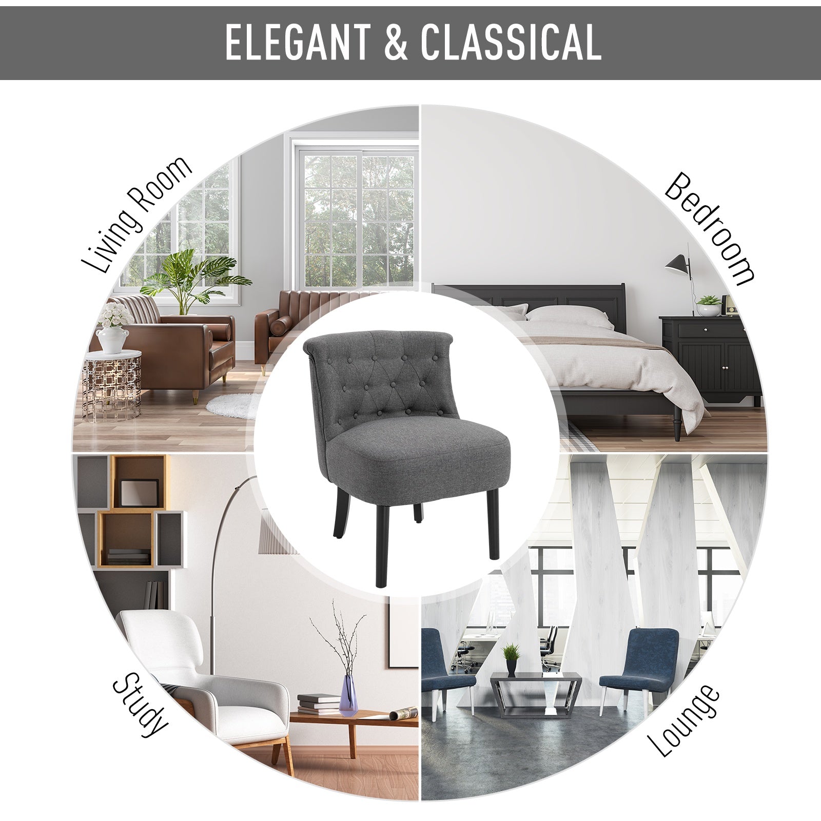 Modern Accent Leisure Chair with Mid Back Button-Tufted Upholstered Fabric and Wooden Legs for Living Room and Bedroom, Grey