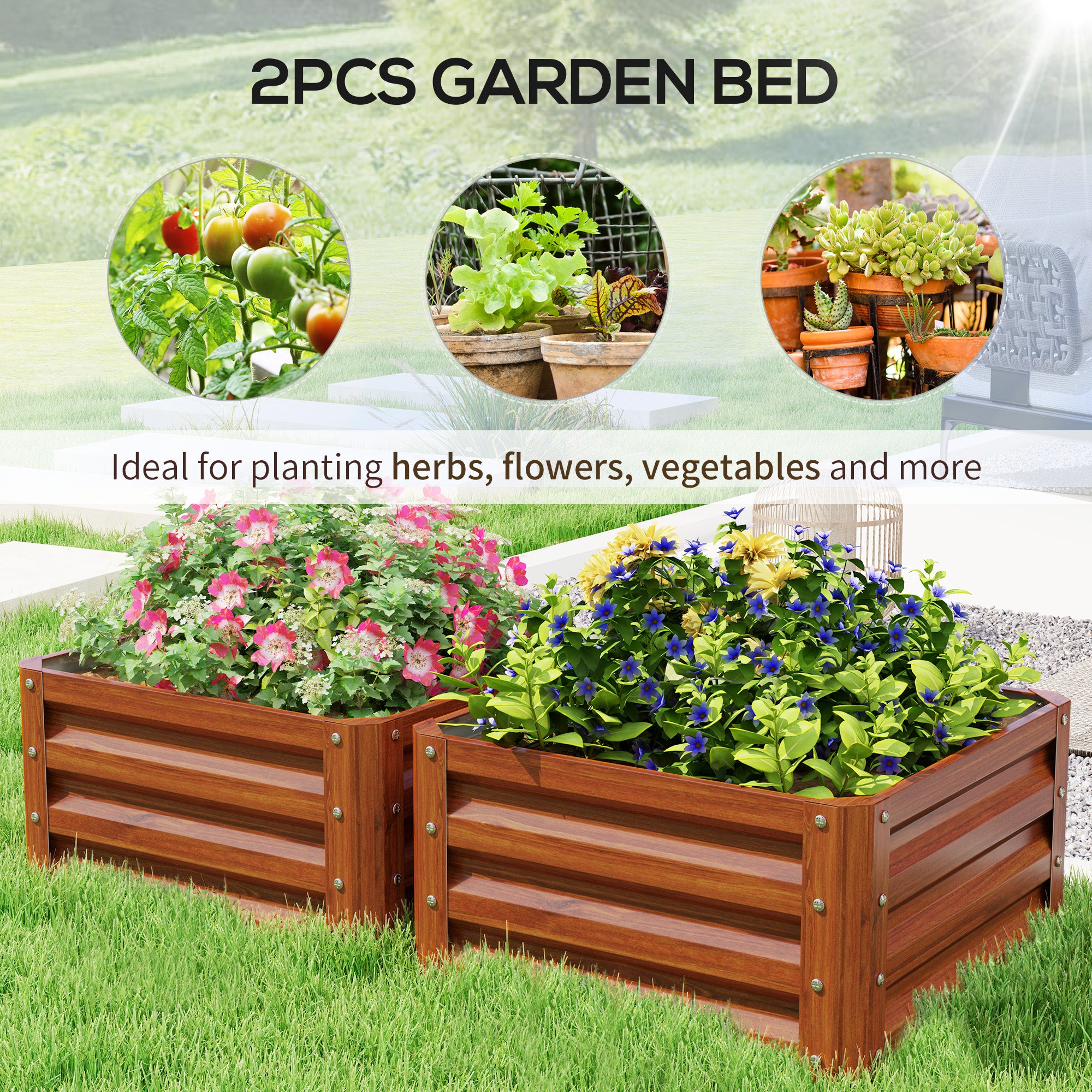 2 Piece Galvanized Raised Garden Bed, 2' x 2' x 1' Metal Planter Box for Growing Vegetables, Flowers, Herbs, Succulents, Brown - Brown - Image 4