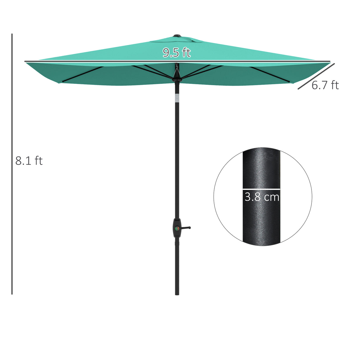6.5' x 10' Rectangular Market Umbrella, Patio Outdoor Table Umbrella with Crank and Push Button Tilt, Teal