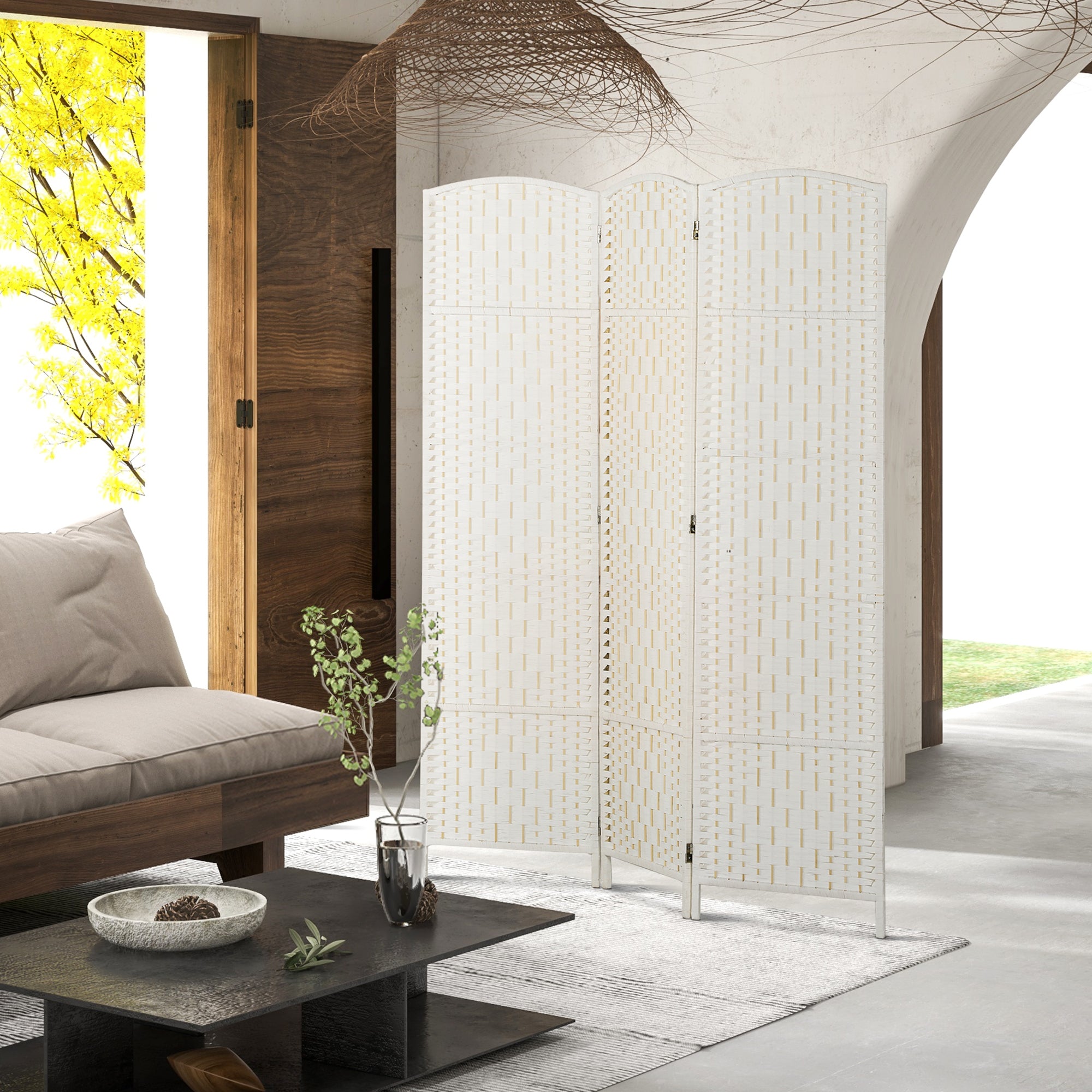 Room Divider, 3 Panel Folding Privacy Screen, 6FT Tall Portable Weave Partition Wall Divider for Bedroom, White