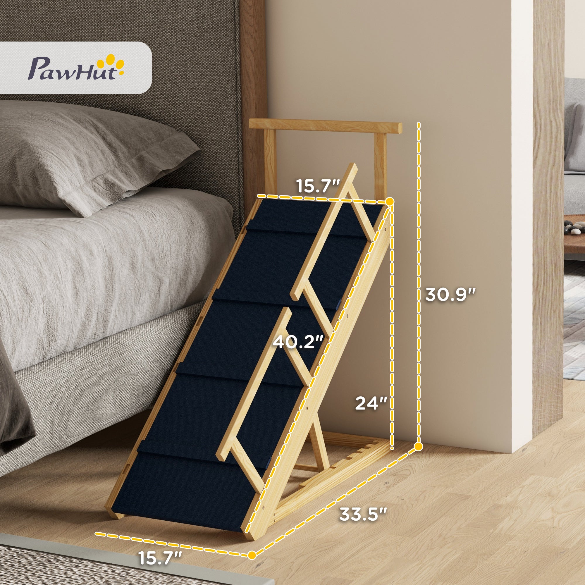 Dog Ramp, Adjustable Height Pet Steps, Foldable Dog Stairs with Non-slip Mat for Small to Large Dogs - Natural Wood - Image 3