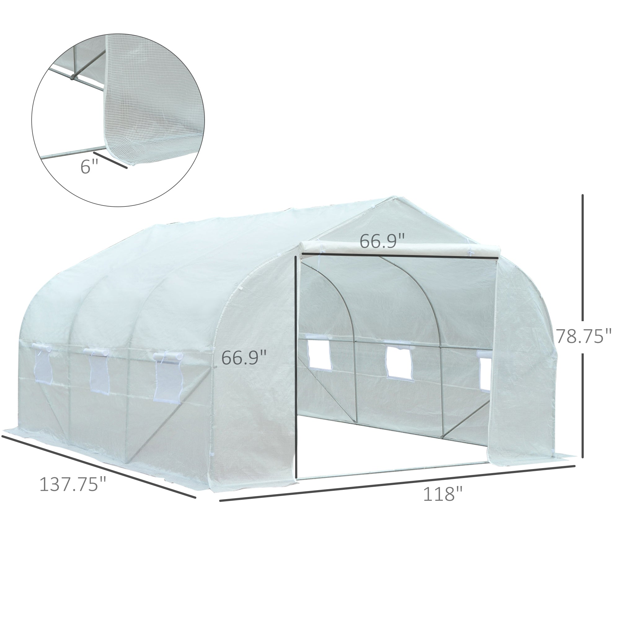 11.5' x 10' x 6.5' Outdoor Walk-in Greenhouse, Tunnel Green House with Roll-up Windows, Zippered Door, PE Cover, Heavy Duty Steel Frame, White - White - Image 3