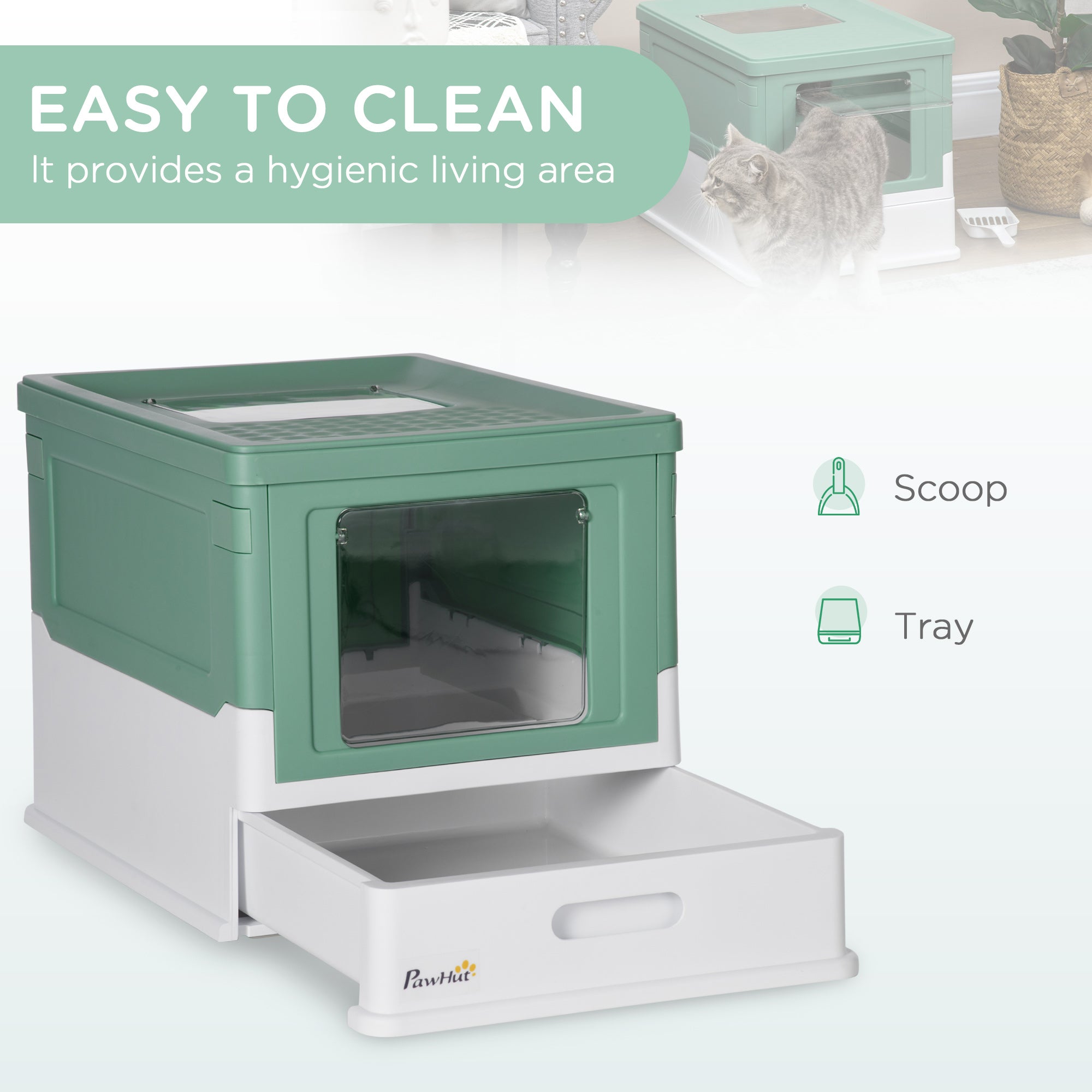 Fully Enclosed Cat Litter Box with Front Entry and Top Exit, Plastic, Green & White - Green - Image 4