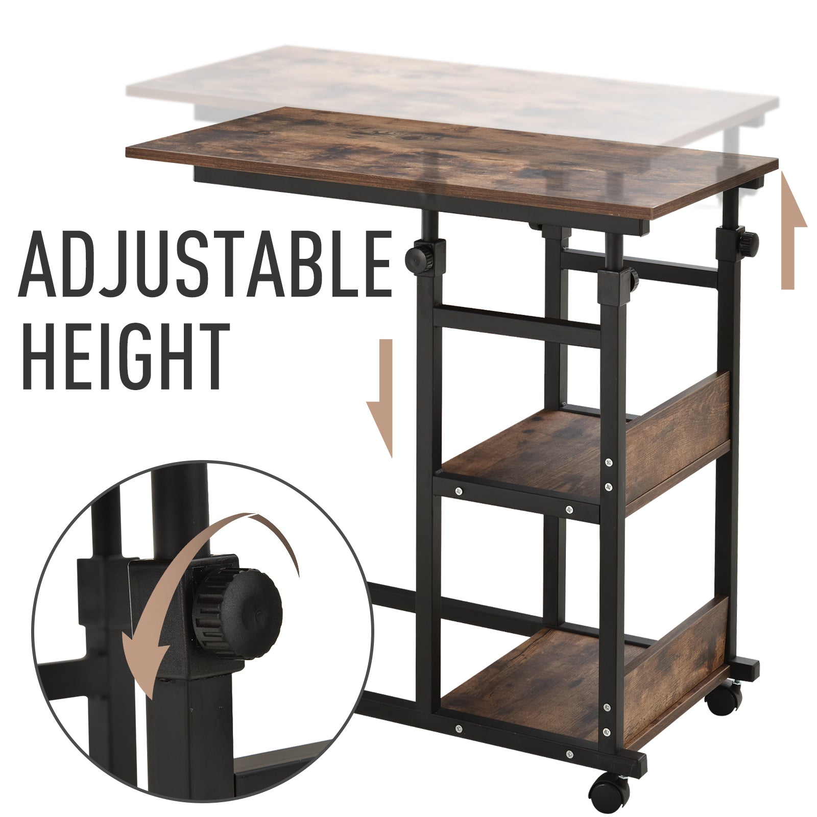Industrial C-Shaped Mobile Rolling Sofa Side Table with 3-Tier Storage Shelving, Adjustable Height, & Wheels