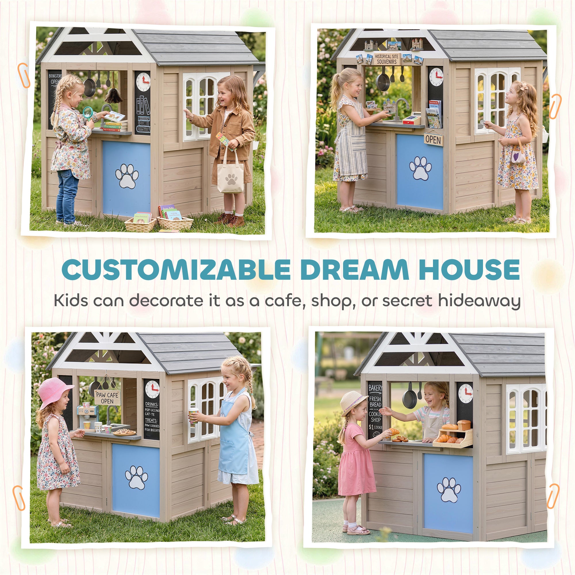 Outdoor Playhouse, Wooden Kids Playhouse with Dog Door, Cookware, Planter Box, Bell, Blackboard, Clock for Backyard