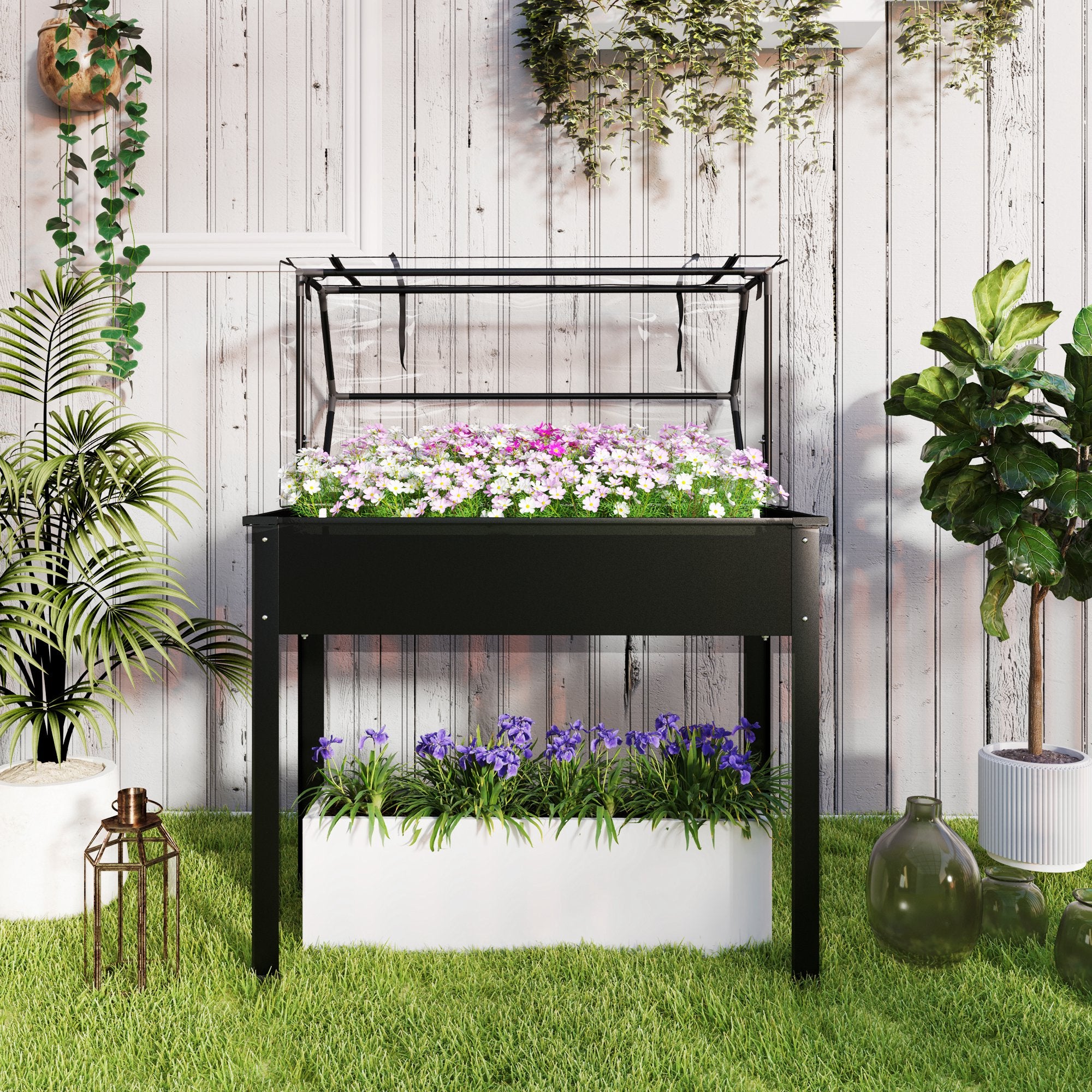 Elevated Garden Box with Greenhouse Cover, Raised Garden Bed with Legs and Drainage Hole for Vegetables, Black - Black - Image 8