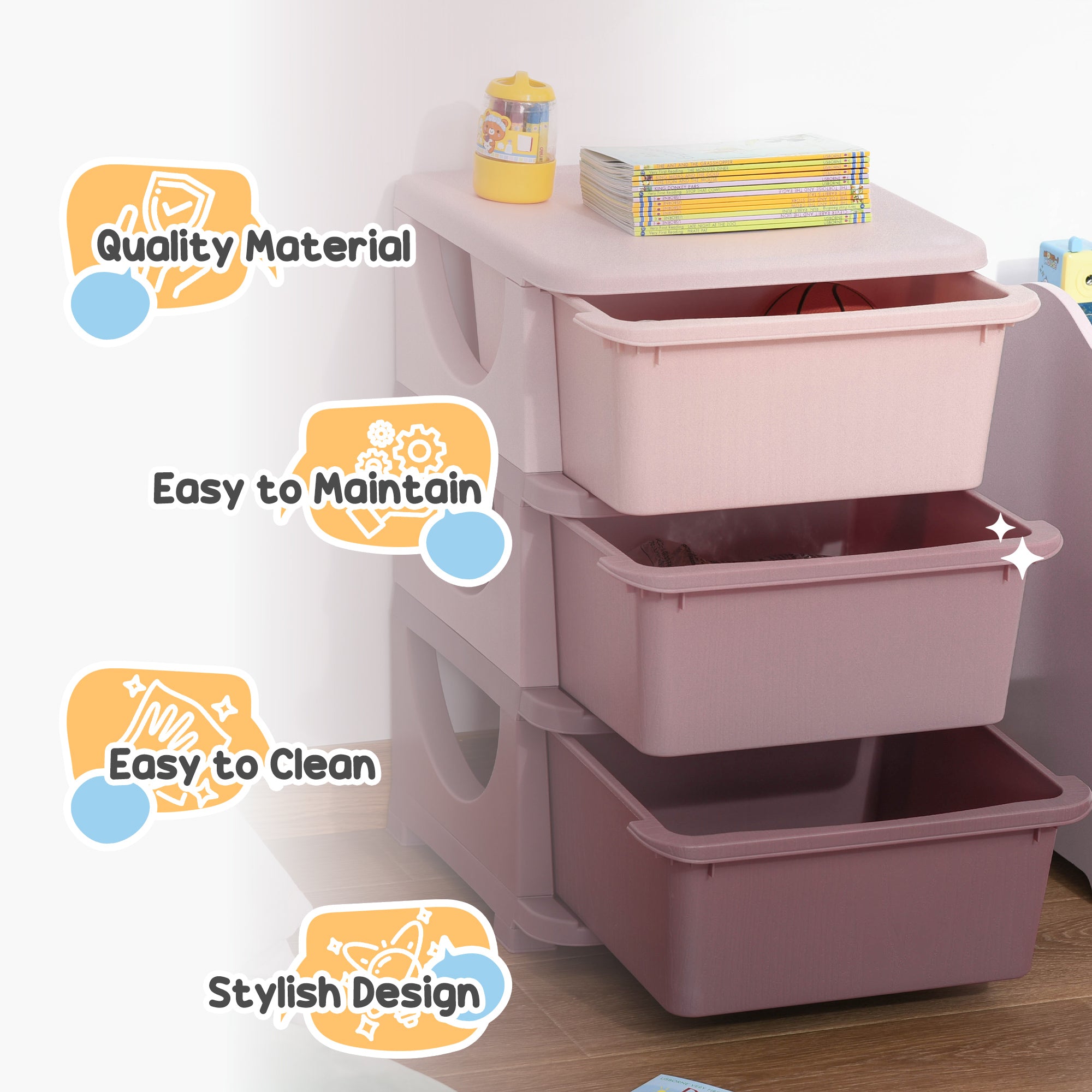 3 Tier Kids Storage Unit, 3 Drawer Chest Toy Organizer Plastic Bins for Kids Bedroom Nursery Kindergarten Living Room for Boys Girls Toddlers, Pink