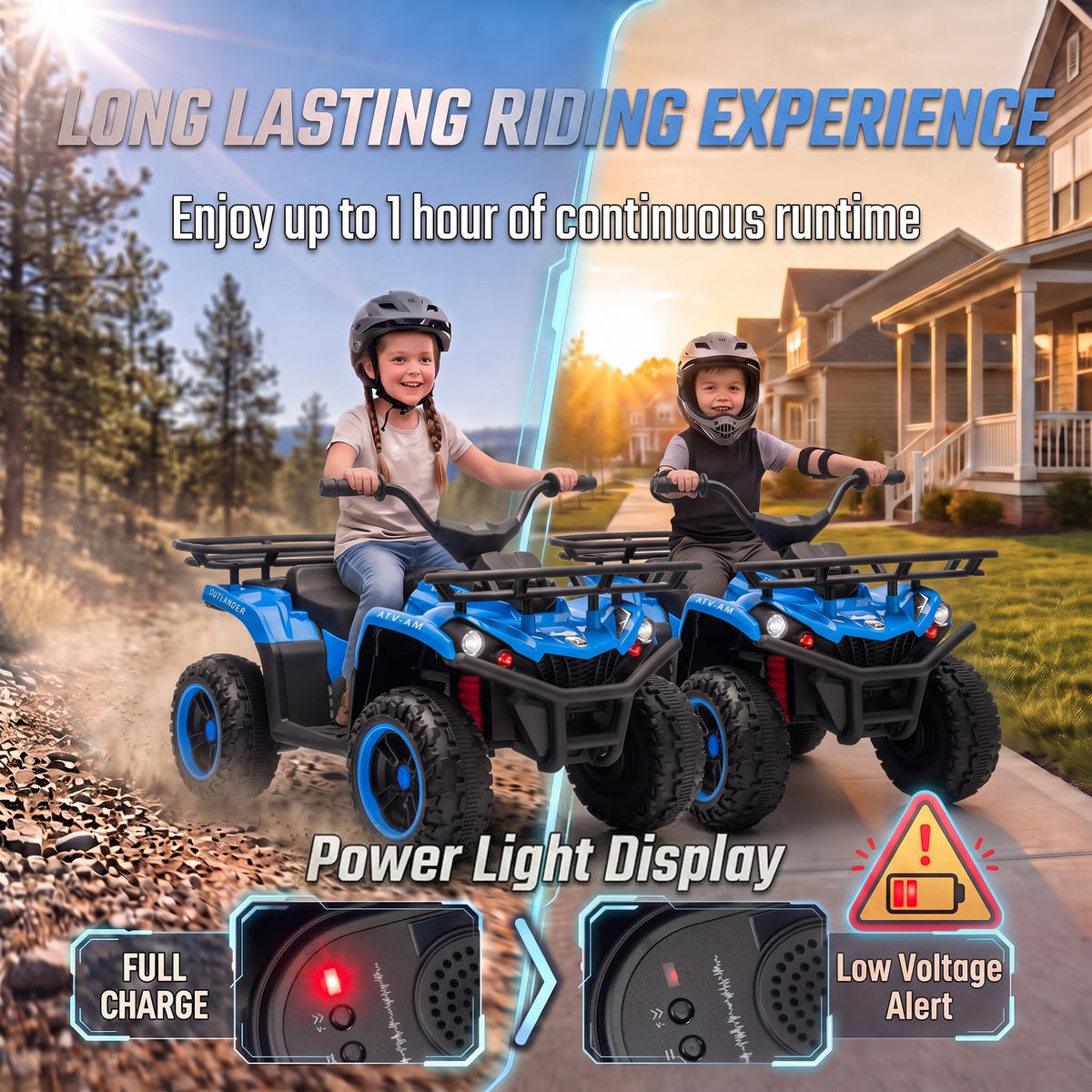 12V Ride on ATV, 4 Wheeler for Kids with Dual Motors, Soft Start, Battery Display, Music, Lights for 3-8 Years, Blue