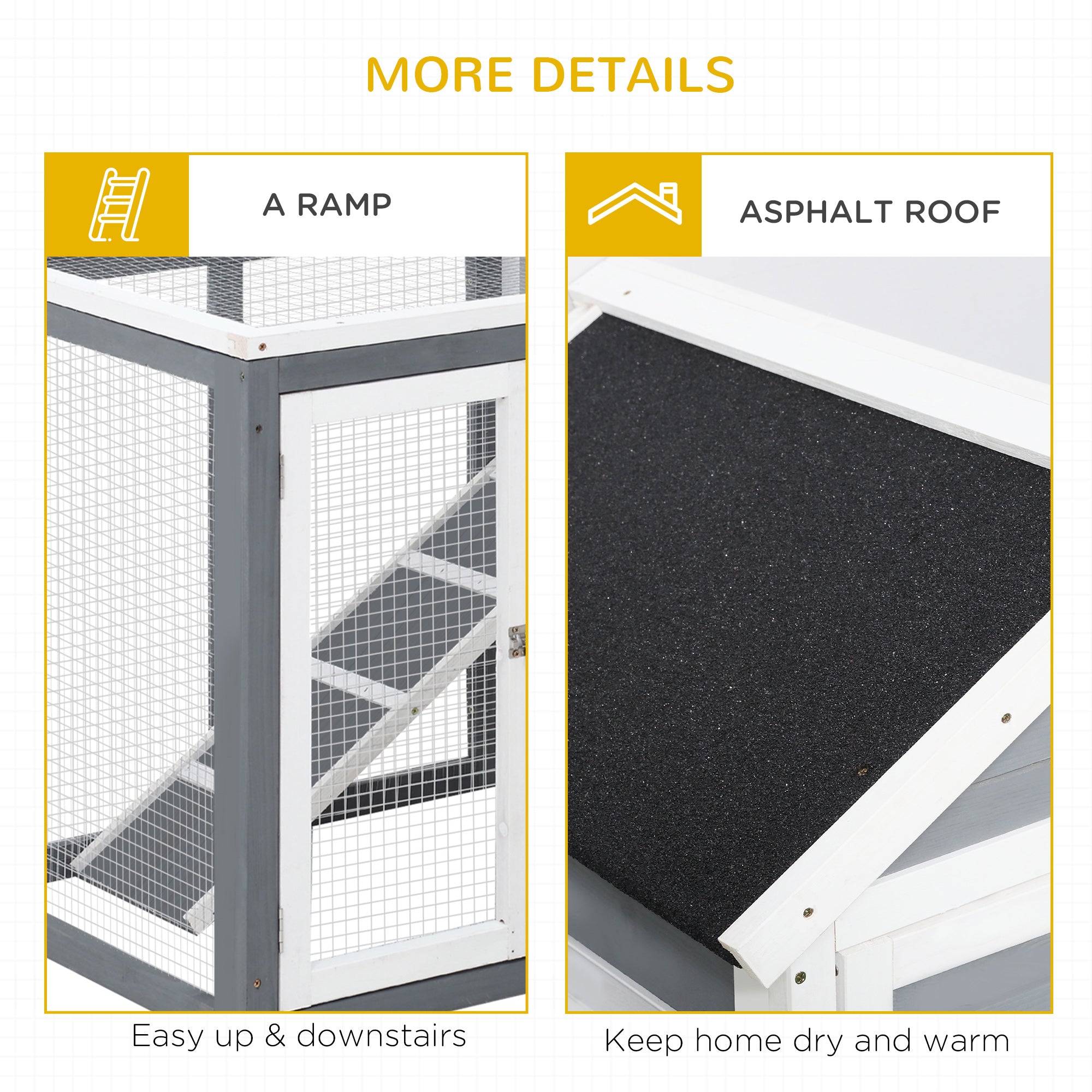 Indoor Rabbit Enclosure, 48" Weatherproof Wooden Rabbit Hutch, with Slanted Asphalt Roof & Fun Outdoor Run for Bunnies & Ferrets - Gray - Grey and White - Image 7