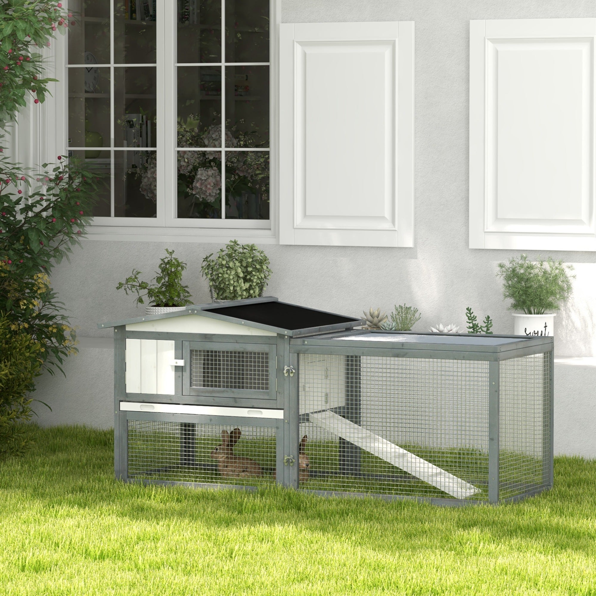 Large Rabbit Cage Outdoor 61"L Guinea Pig Hutch w/ Run Feeding Trough Removable Tray Ramp Asphalt Roof, White - White - Image 2