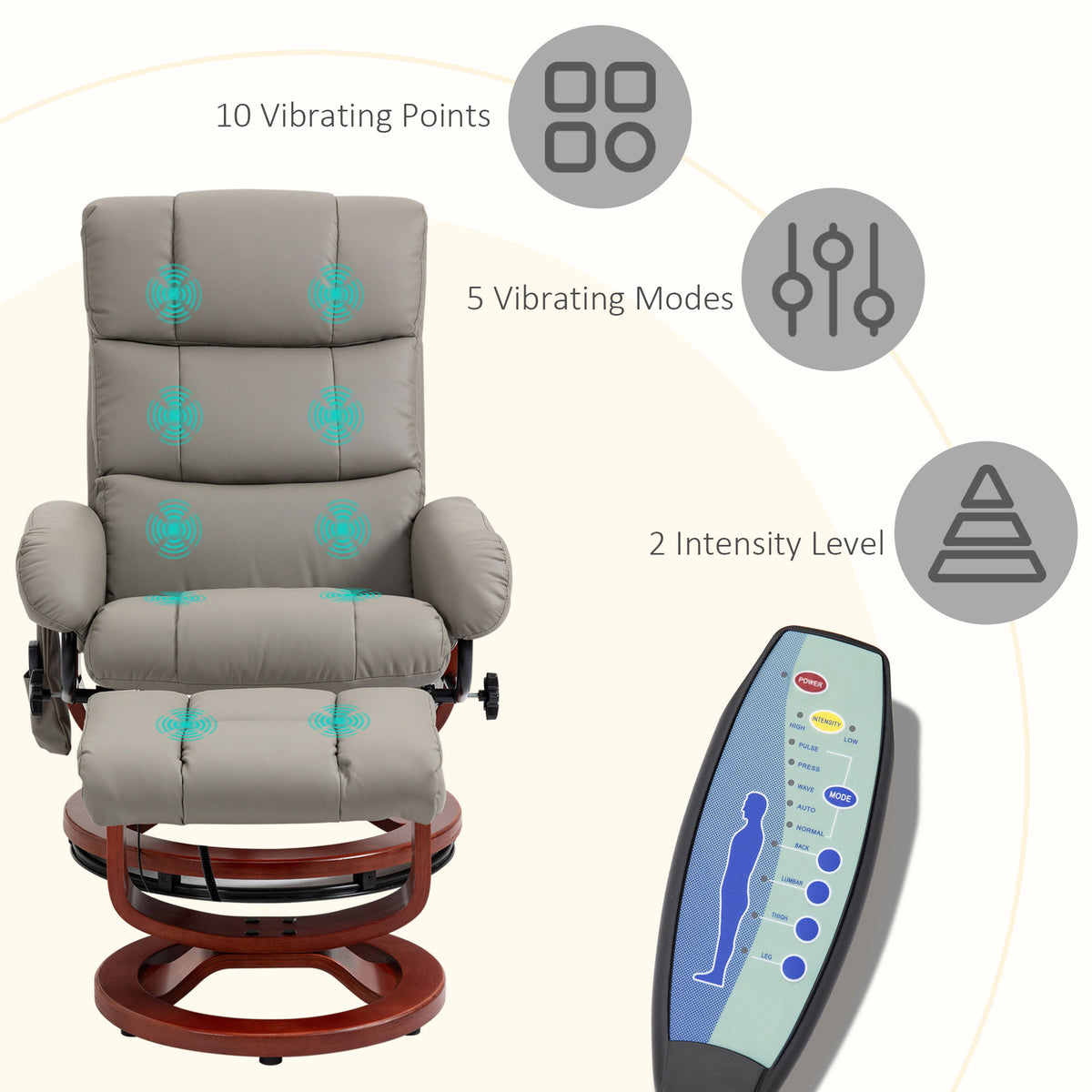 Massage Recliner Chair with Ottoman, Swivel Recliner and Footrest, Faux Leather Reclining Chair w/ Remote Control, Gray