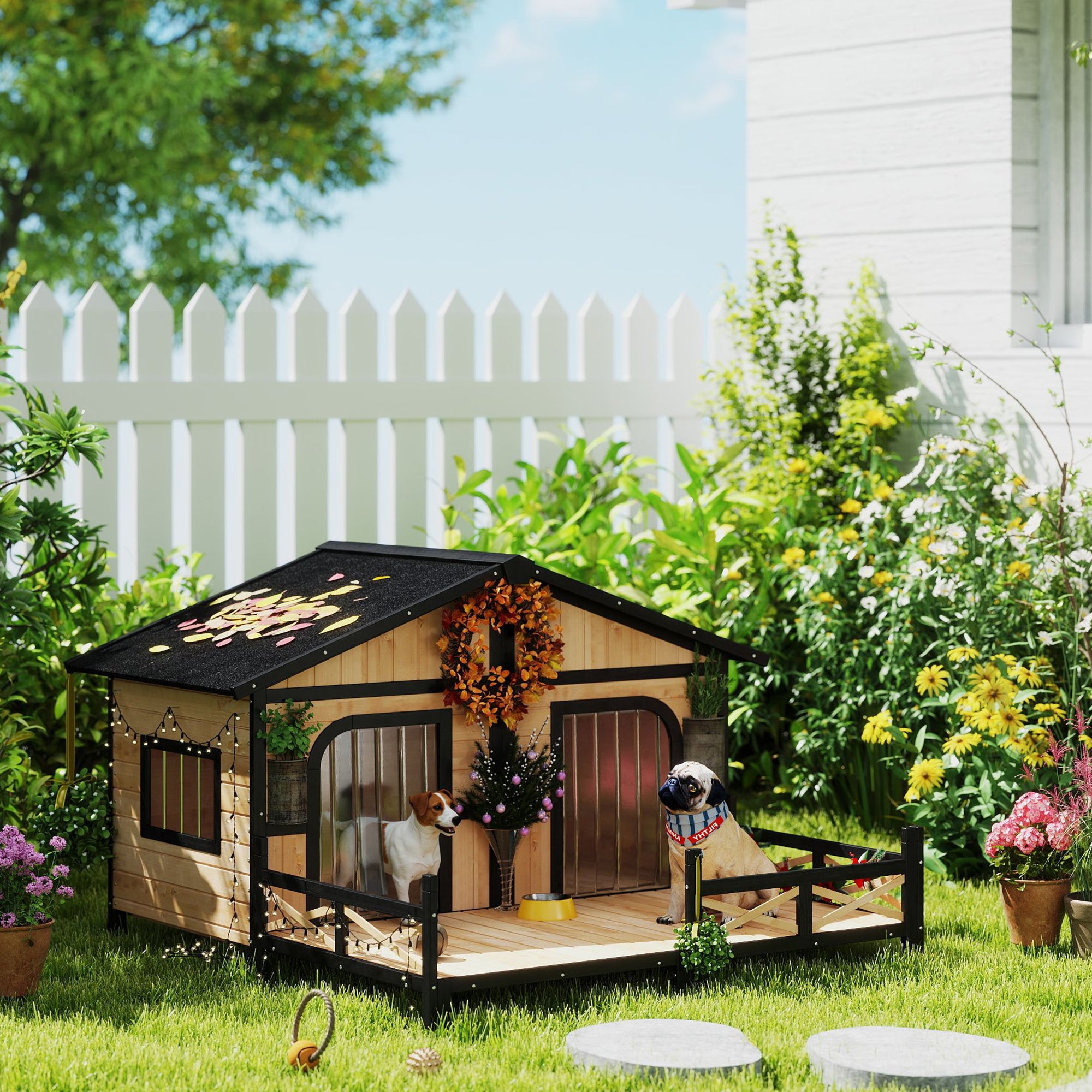 Dog House Outdoor, Wooden Dog Kennel Weatherproof with Porch, Openable Roof, Removable Bottom, Elevated Floor, Double Room for 2 Small to Medium Breeds, Natural - Natural Wood - Image 2
