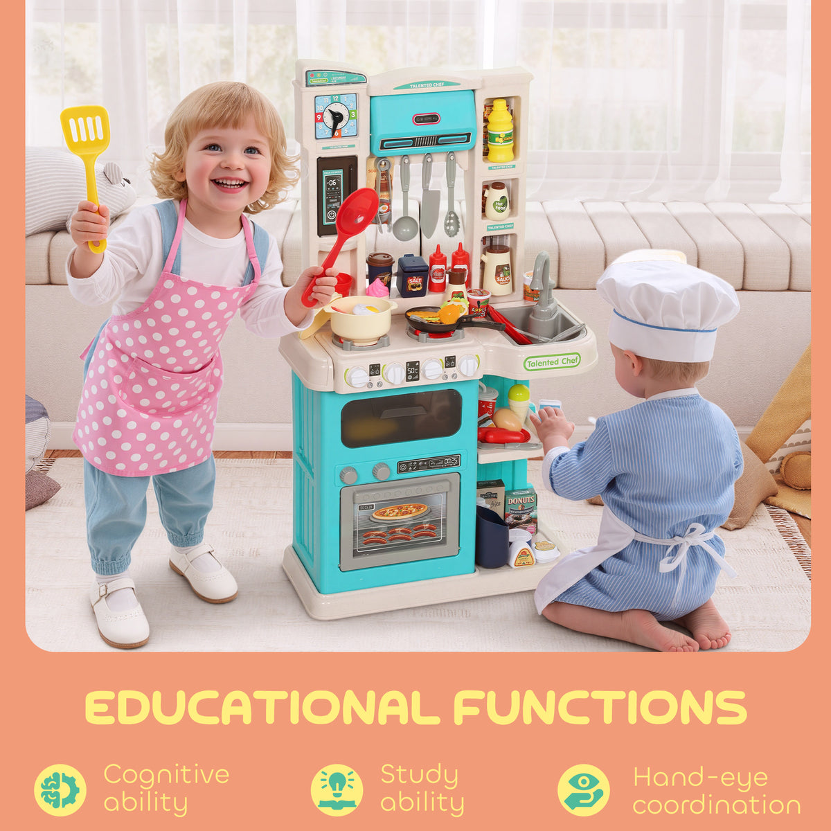 Kids Play Kitchen Toy Set, Chef Pretend Kitchen Playset with Real Lights & Sounds, 92 Pcs Toy Food, Ages 3-6, Green