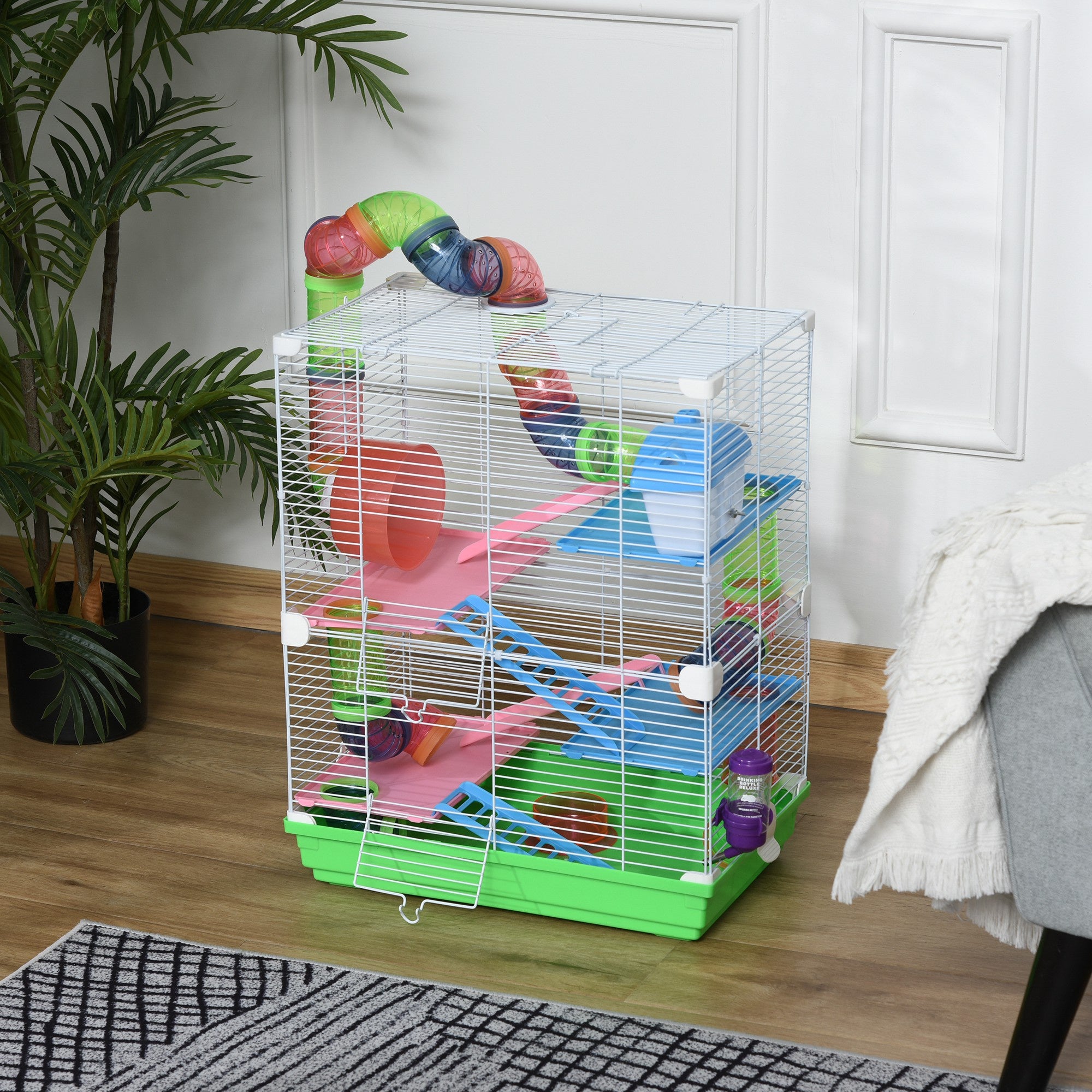 5 Tiers Hamster Cage Portable Animal Travel Carrier w/ Exercise Wheels Tube - Green - Image 2