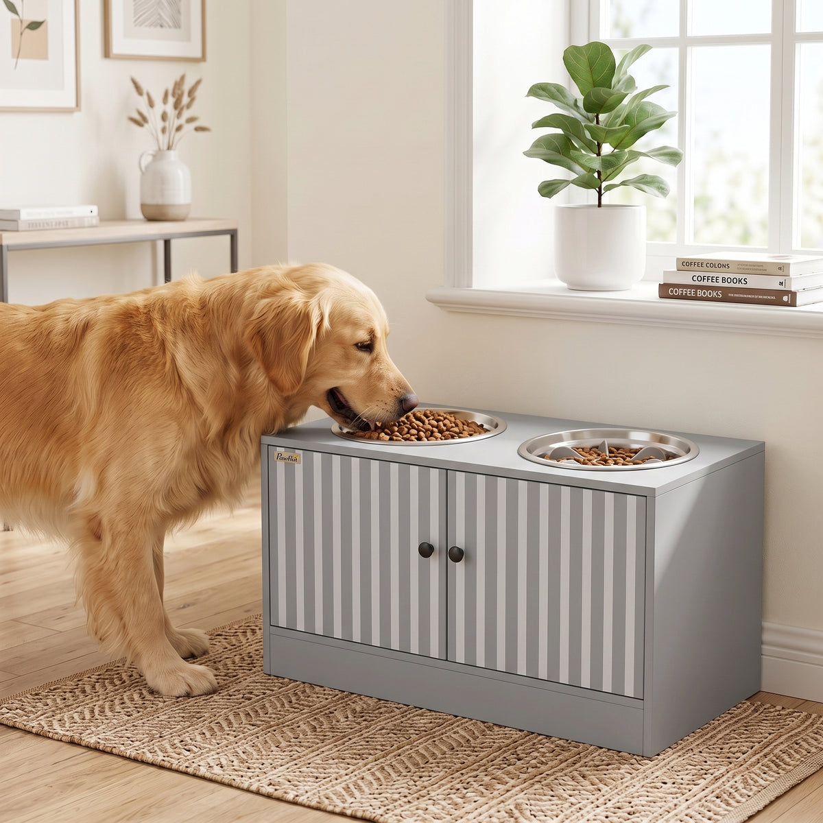 Elevated Dog Bowls with Storage Cabinet, 2 Stainless Steel Bowls, Slow Feeder, Dog Feeding Station for Large Dogs, Gray