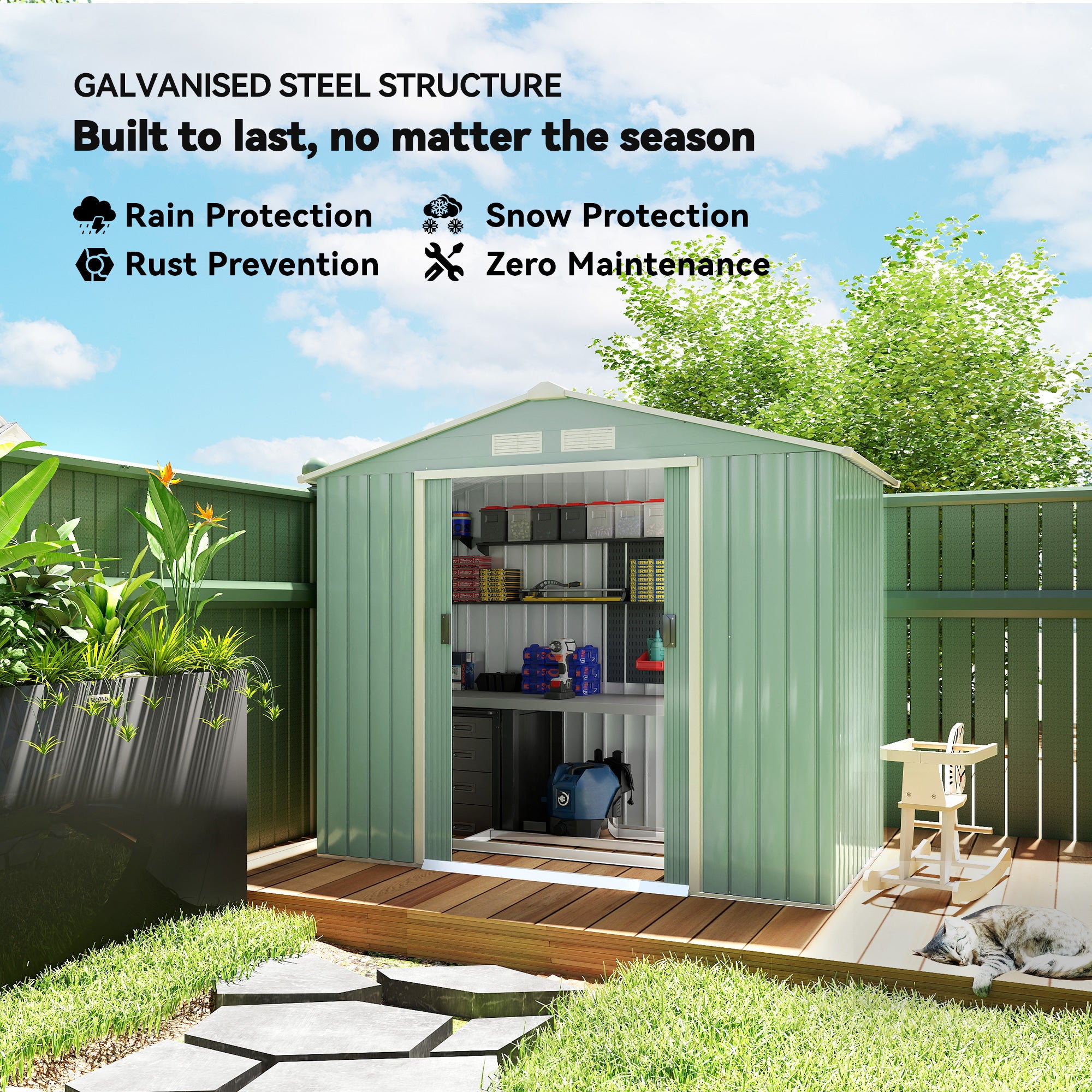 7' x 4' Outdoor Storage Shed, Garden Tool House w/ Foundation Kit Vents & Sliding Doors for Backyard Patio, Light Green - Light Green - Image 4