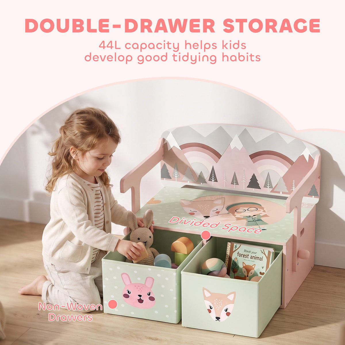 Kids Toy Box Chest, 3-in-1 Convertible Storage Chest with 2 Non-Woven Drawers for Bedroom, Kids Room for Ages 3-6, Pink