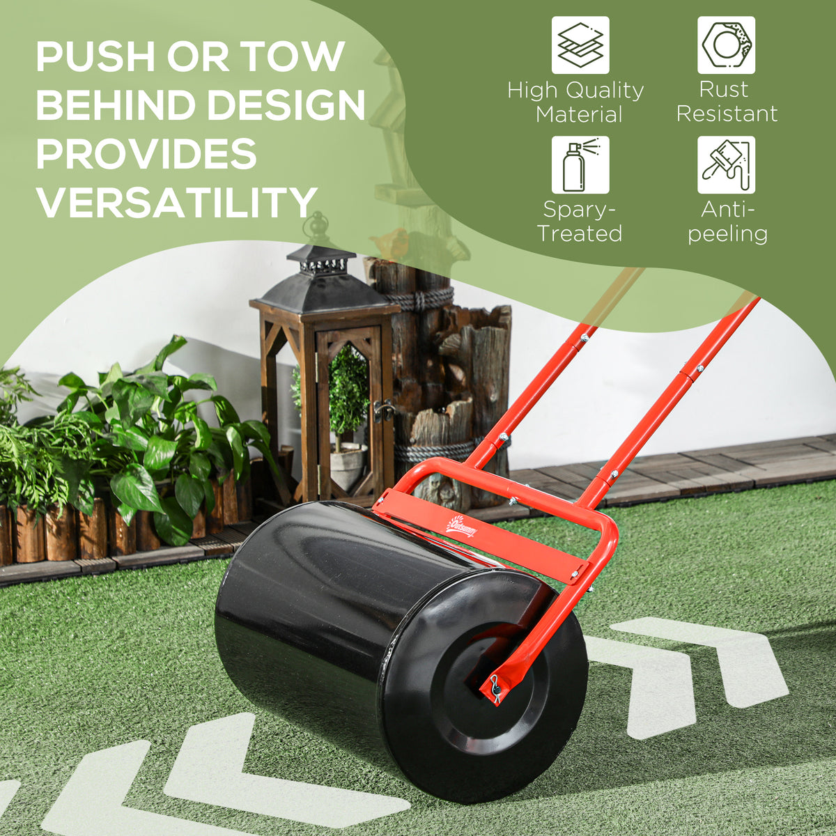 20-Inch Push/Tow Behind Lawn Roller Filled with 10 Gal Water or Sand for Flattening Sod in the Garden, Red