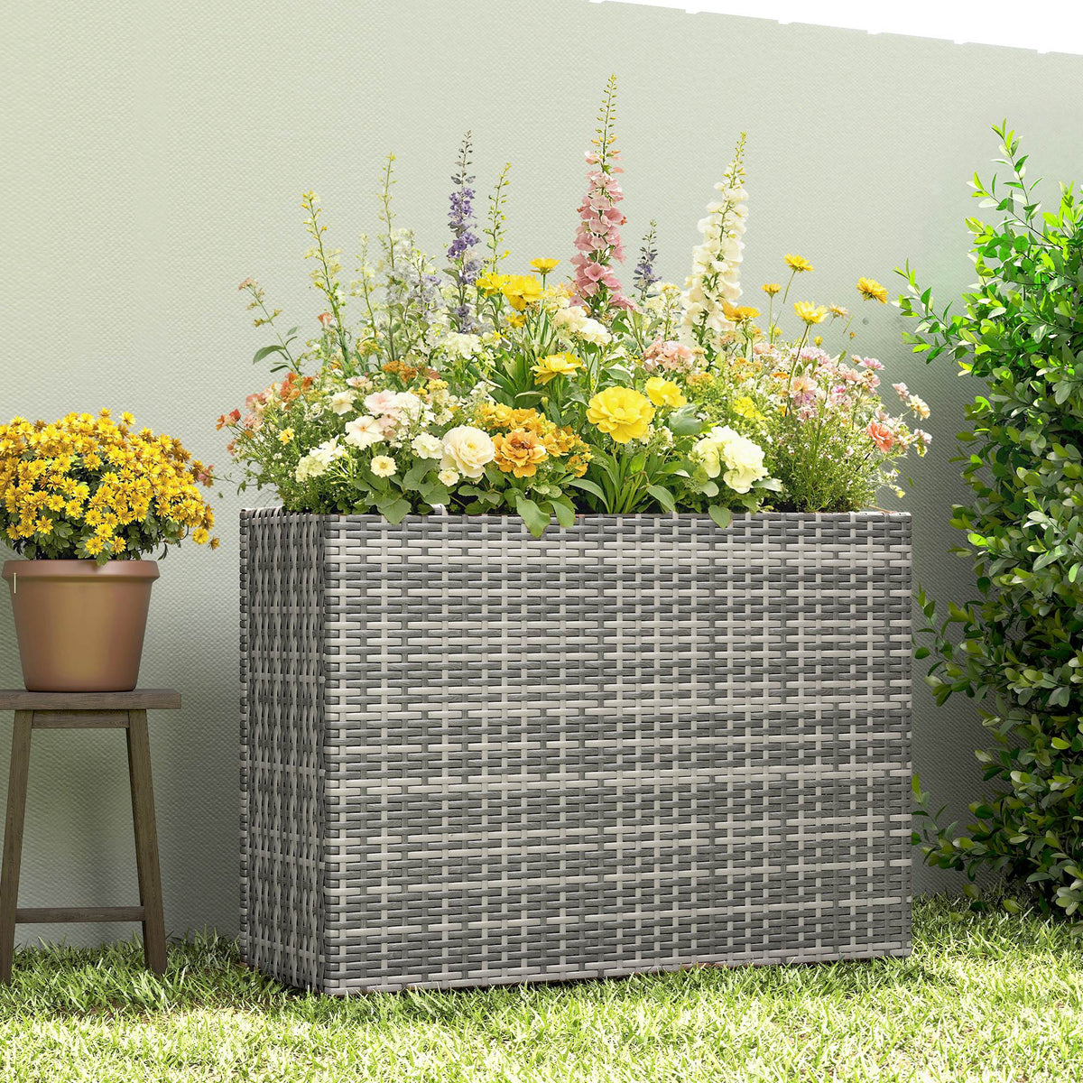 Tall Rectangular Planter with Removable Liner, Holes, PE Wicker Large Planter Box for Indoor Outdoor Plants, Gray